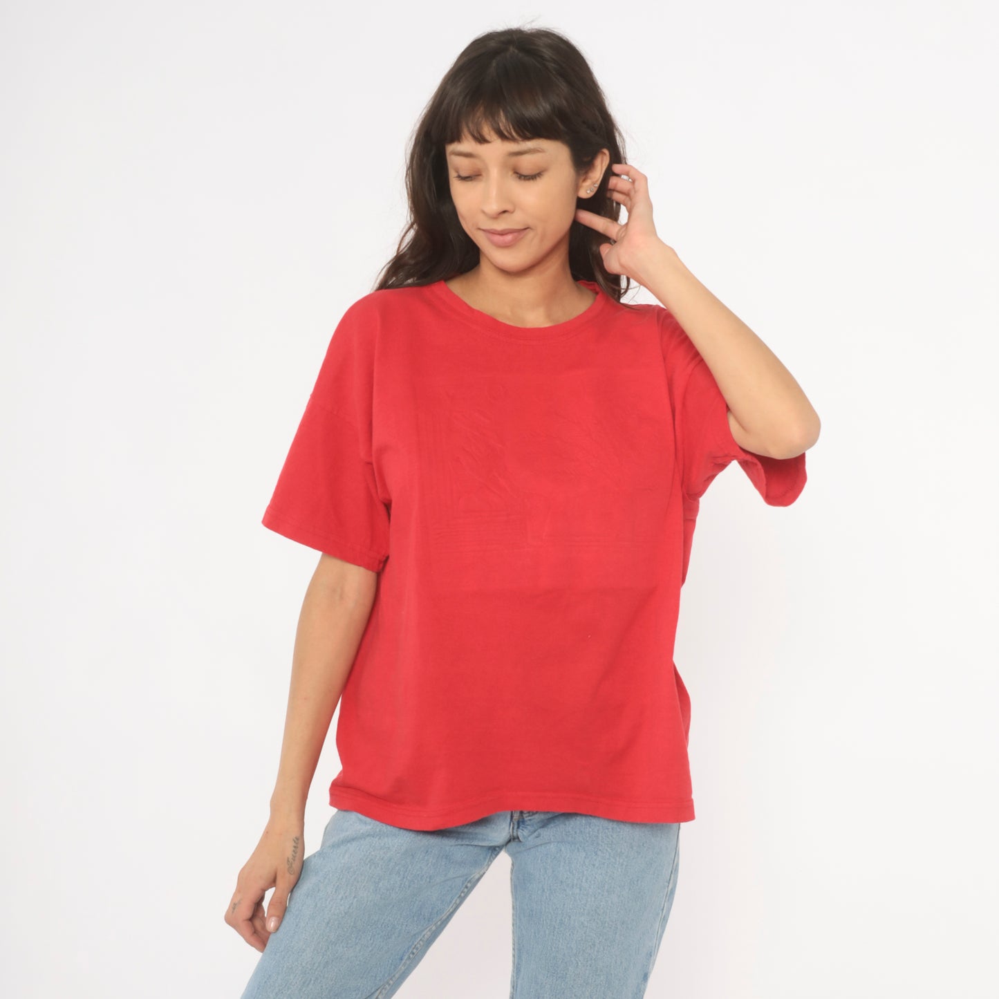 Embossed Vogue Red Tee 90s Boxy Fit Short Sleeve Tonal Graphic Cotton Shirt Blank Back Relaxed Casual Streetwear Vintage Top Large L