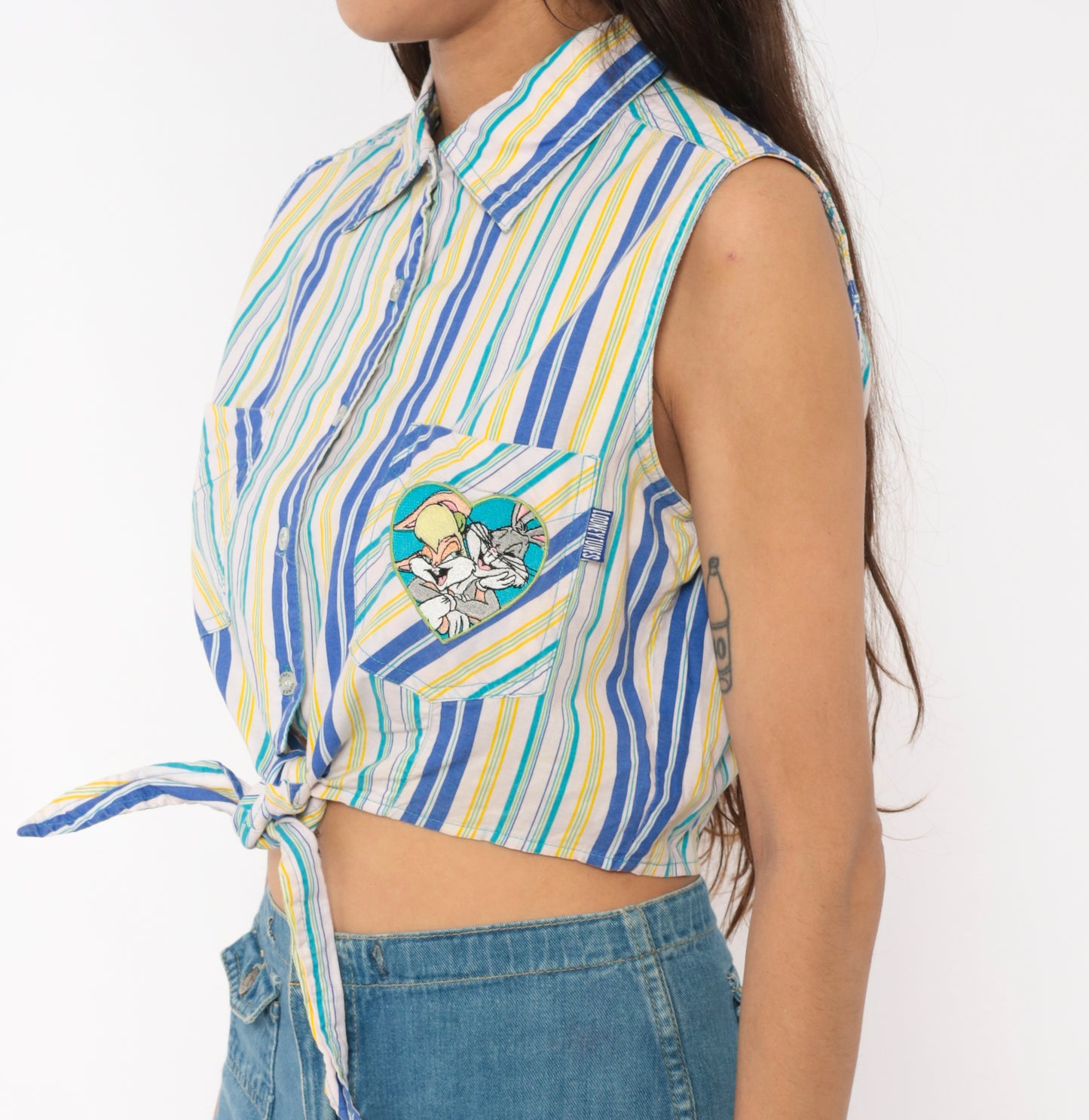 Space Jam Looney Tunes Striped Crop Top 90s Sleeveless Cotton Collared Shirt Cobalt Yellow White Bugs Bunny Lola Blouse Vintage Medium M