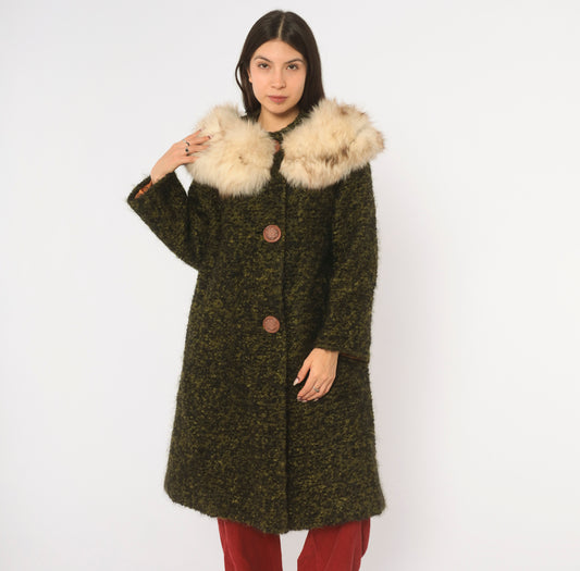 60s Green Wool Coat Boucle Fur Collar Olive Black Long Button Front Winter Overcoat Pockets Textured Mod Dark Academia Mob Wife Grandpacore Vintage Womens Medium M