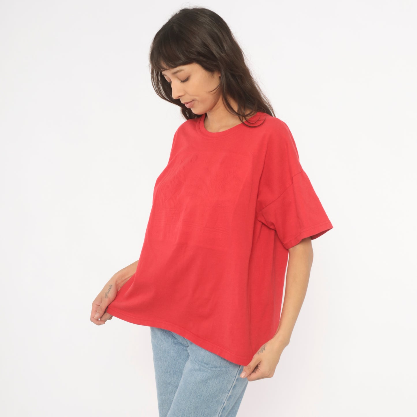 Embossed Vogue Red Tee 90s Boxy Fit Short Sleeve Tonal Graphic Cotton Shirt Blank Back Relaxed Casual Streetwear Vintage Top Large L