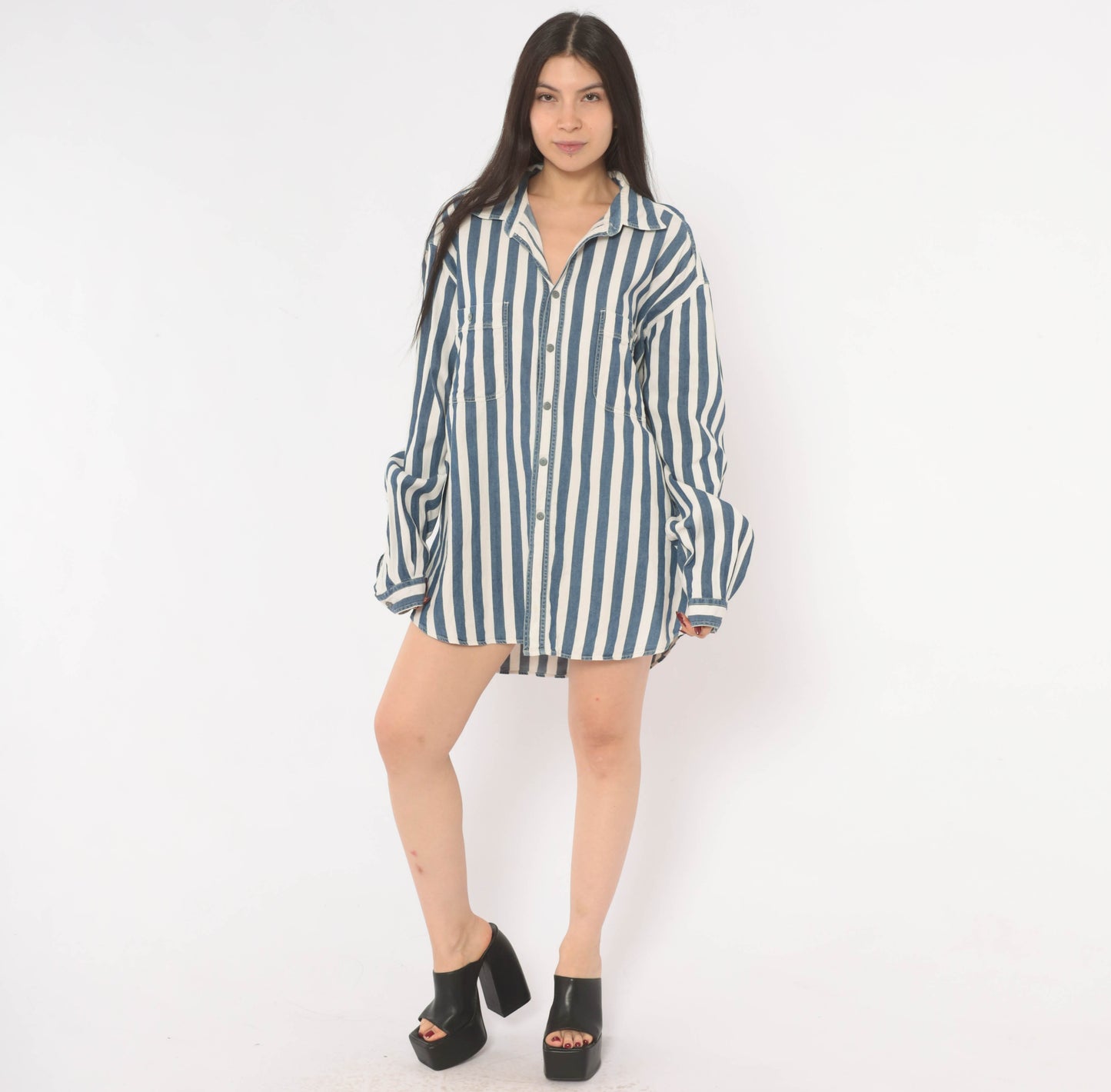 Armani Striped Denim Shirt 90s Navy White Cotton Button Front Relaxed Fit Stripe Long Sleeve Unisex Workwear Vintage Extra Extra Large XXL