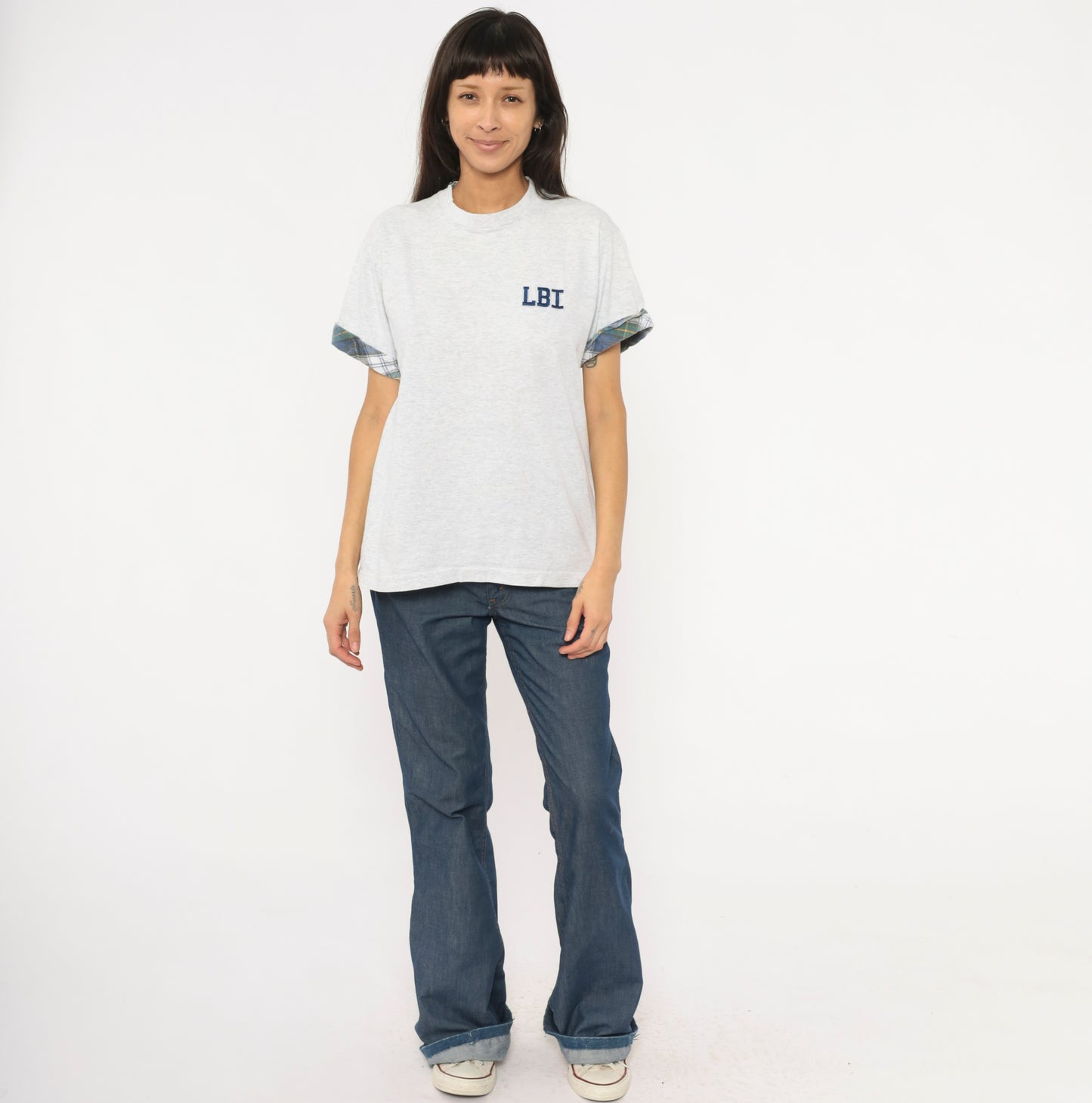 90s LBI Embroidered Tee Plaid Cuff Sleeve Grey Heather Cotton Collegiate Preppy Beach Town Souvenir Campus Wear Top Shirt Vintage Medium M