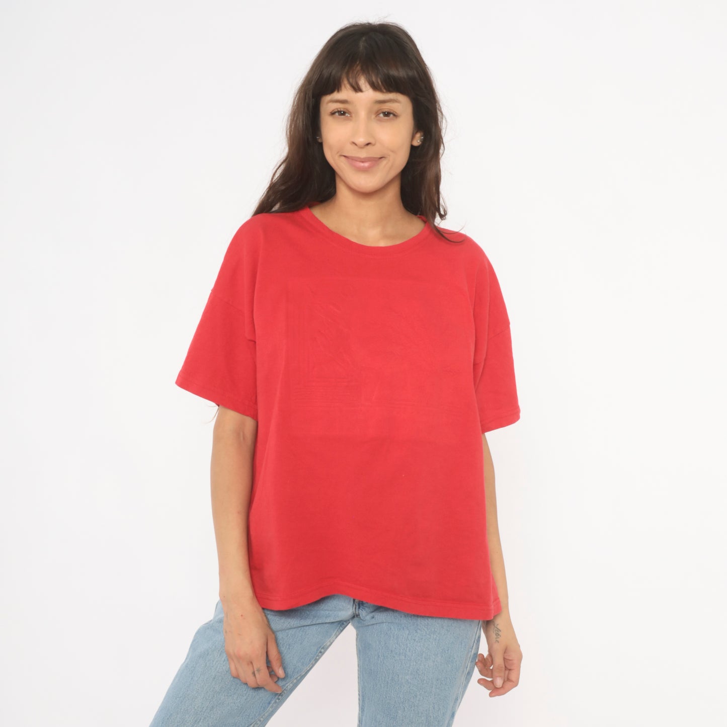Embossed Vogue Red Tee 90s Boxy Fit Short Sleeve Tonal Graphic Cotton Shirt Blank Back Relaxed Casual Streetwear Vintage Top Large L