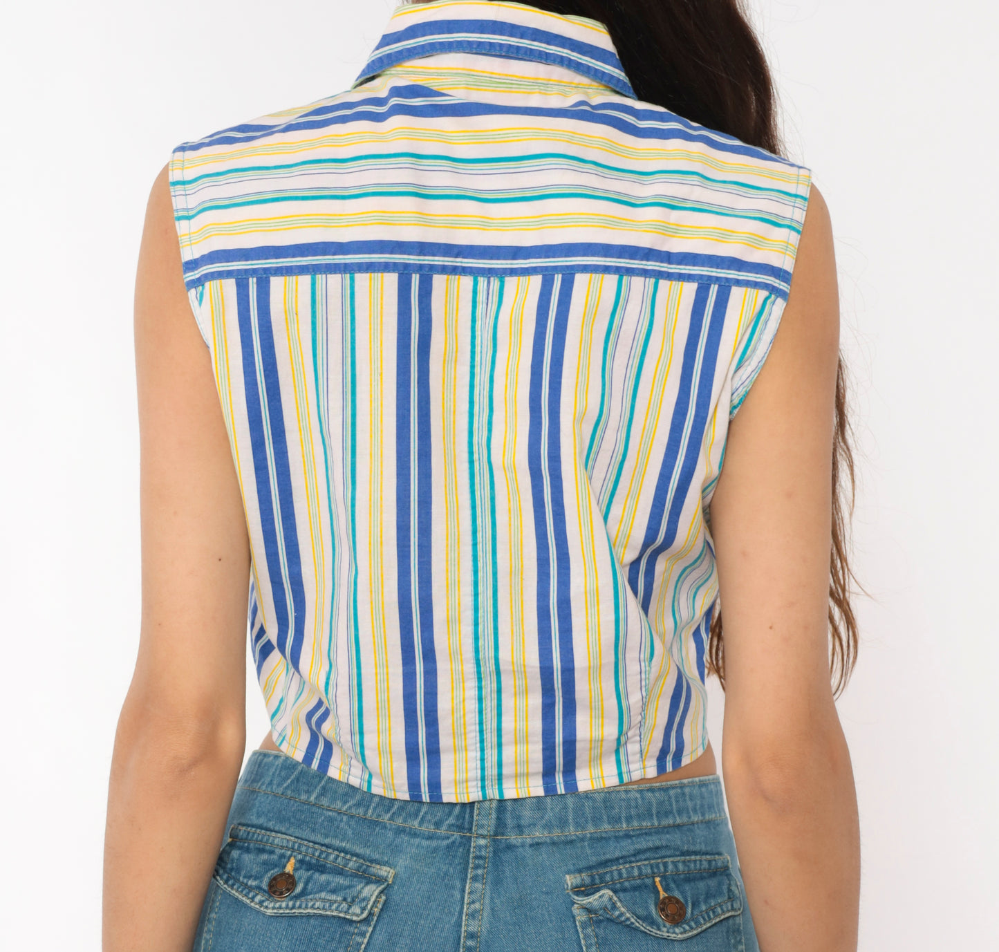 Space Jam Looney Tunes Striped Crop Top 90s Sleeveless Cotton Collared Shirt Cobalt Yellow White Bugs Bunny Lola Blouse Vintage Medium M