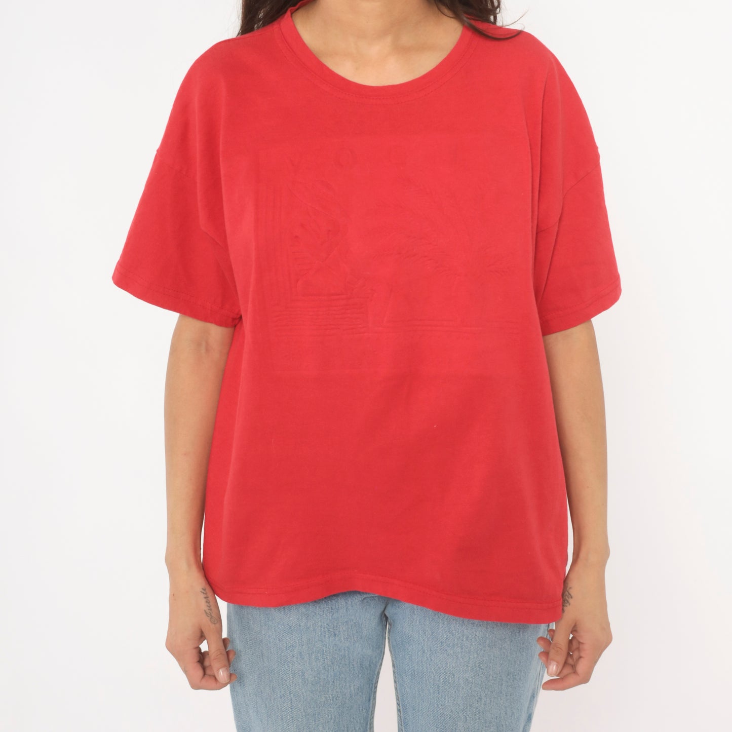 Embossed Vogue Red Tee 90s Boxy Fit Short Sleeve Tonal Graphic Cotton Shirt Blank Back Relaxed Casual Streetwear Vintage Top Large L