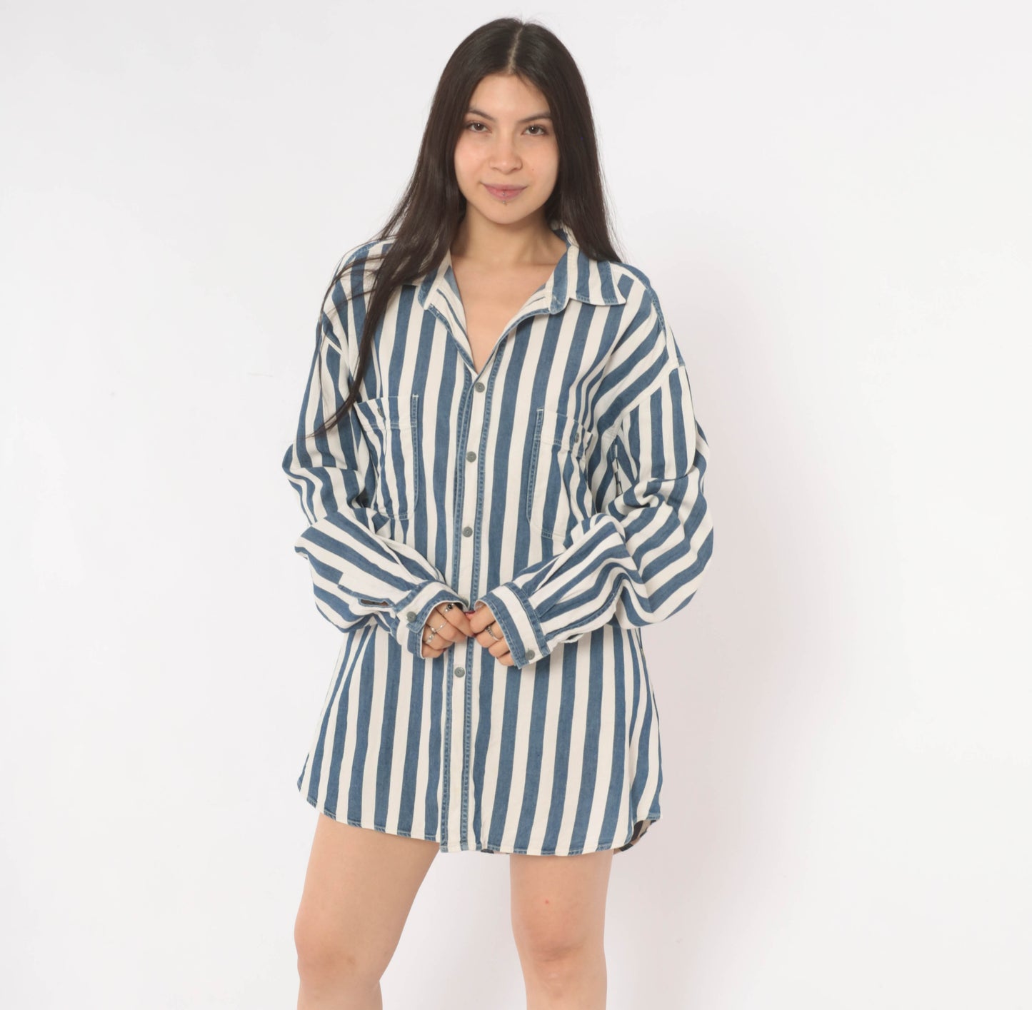Armani Striped Denim Shirt 90s Navy White Cotton Button Front Relaxed Fit Stripe Long Sleeve Unisex Workwear Vintage Extra Extra Large XXL