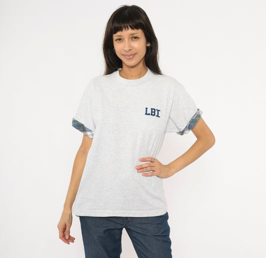 90s LBI Embroidered Tee Plaid Cuff Sleeve Grey Heather Cotton Collegiate Preppy Beach Town Souvenir Campus Wear Top Shirt Vintage Medium M