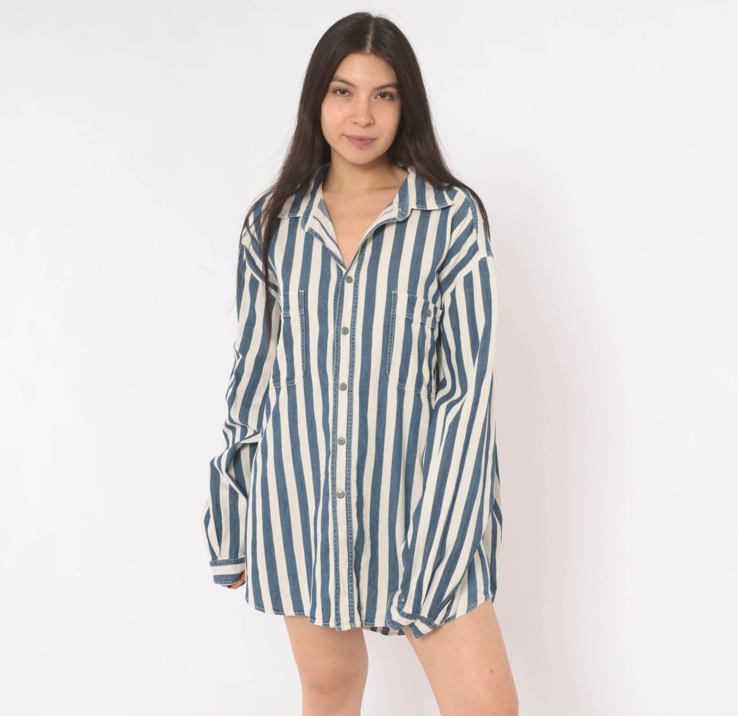 Armani Striped Denim Shirt 90s Navy White Cotton Button Front Relaxed Fit Stripe Long Sleeve Unisex Workwear Vintage Extra Extra Large XXL