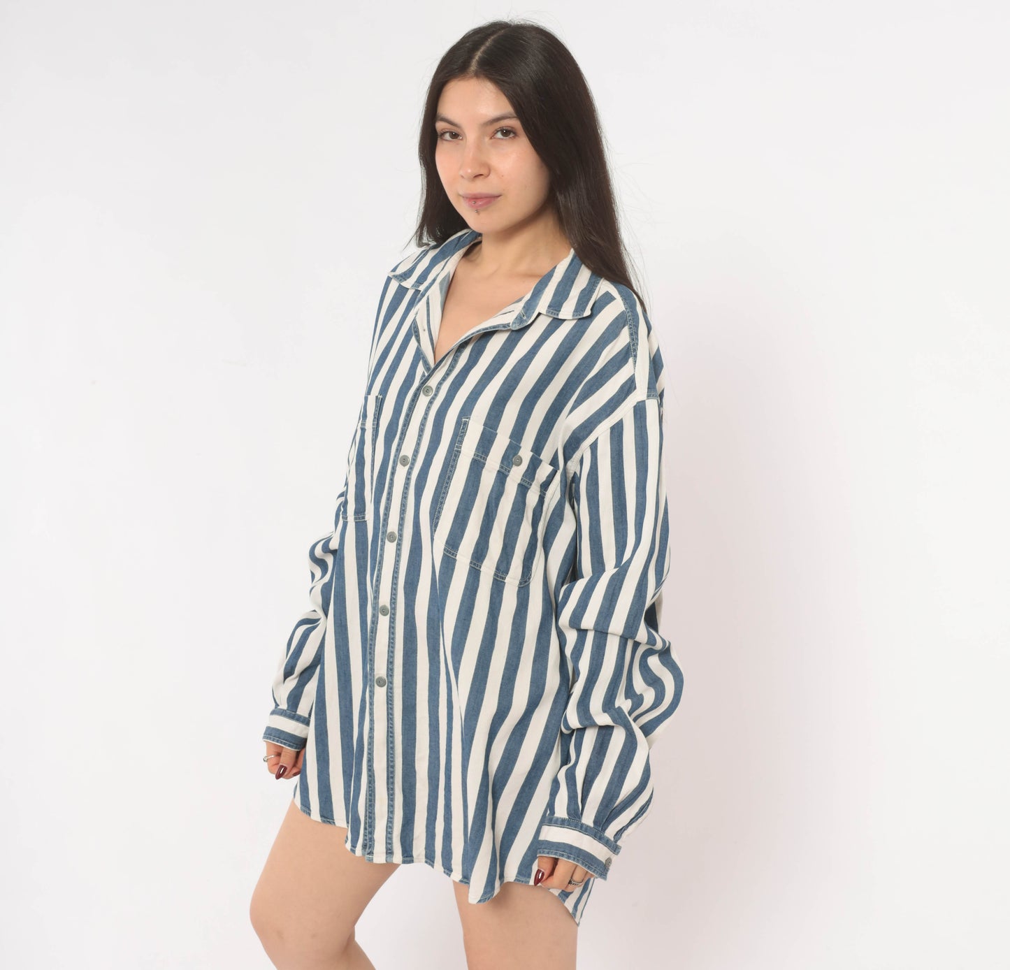 Armani Striped Denim Shirt 90s Navy White Cotton Button Front Relaxed Fit Stripe Long Sleeve Unisex Workwear Vintage Extra Extra Large XXL