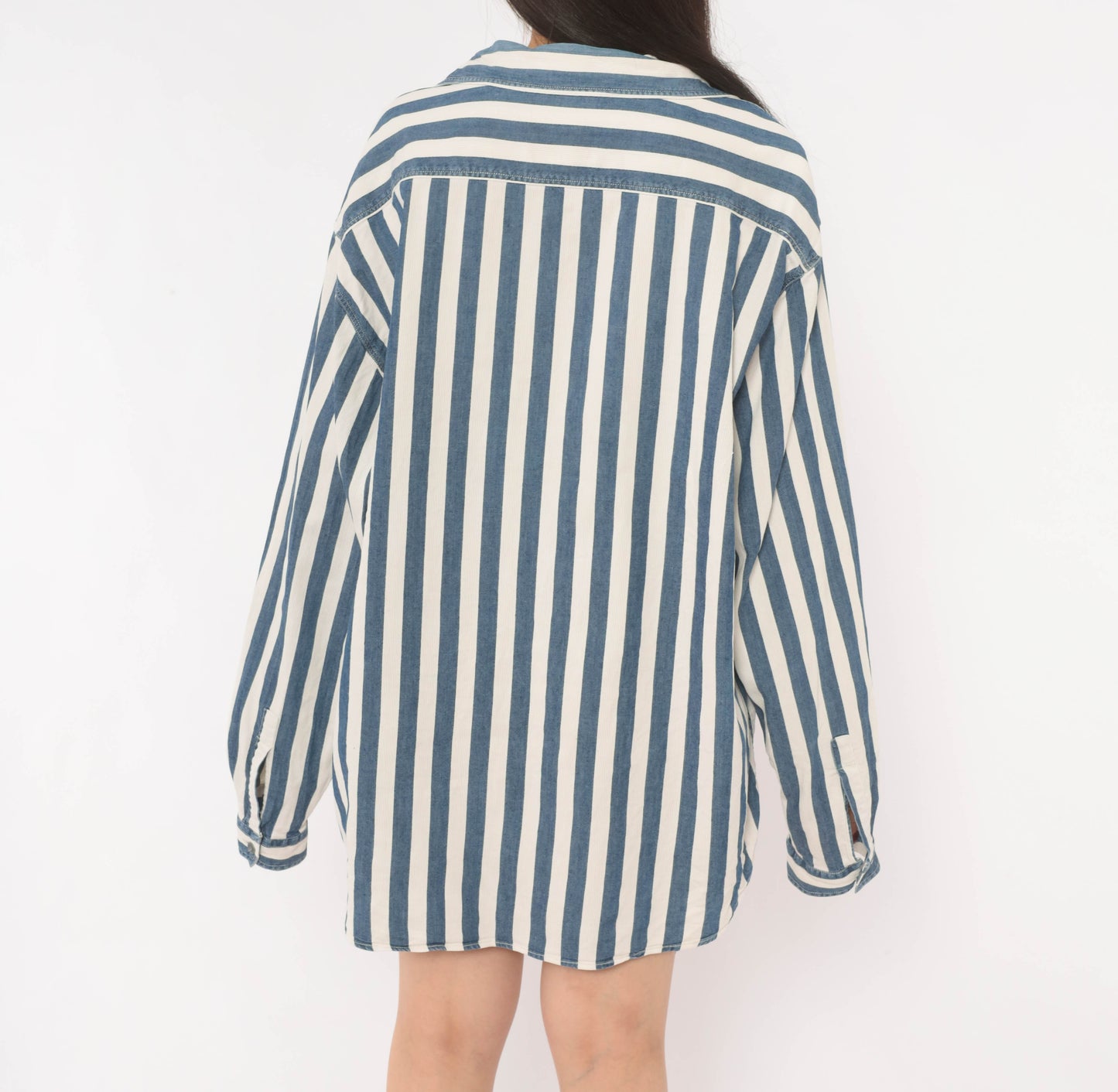 Armani Striped Denim Shirt 90s Navy White Cotton Button Front Relaxed Fit Stripe Long Sleeve Unisex Workwear Vintage Extra Extra Large XXL