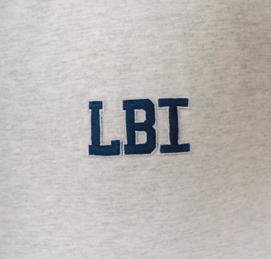 90s LBI Embroidered Tee Plaid Cuff Sleeve Grey Heather Cotton Collegiate Preppy Beach Town Souvenir Campus Wear Top Shirt Vintage Medium M