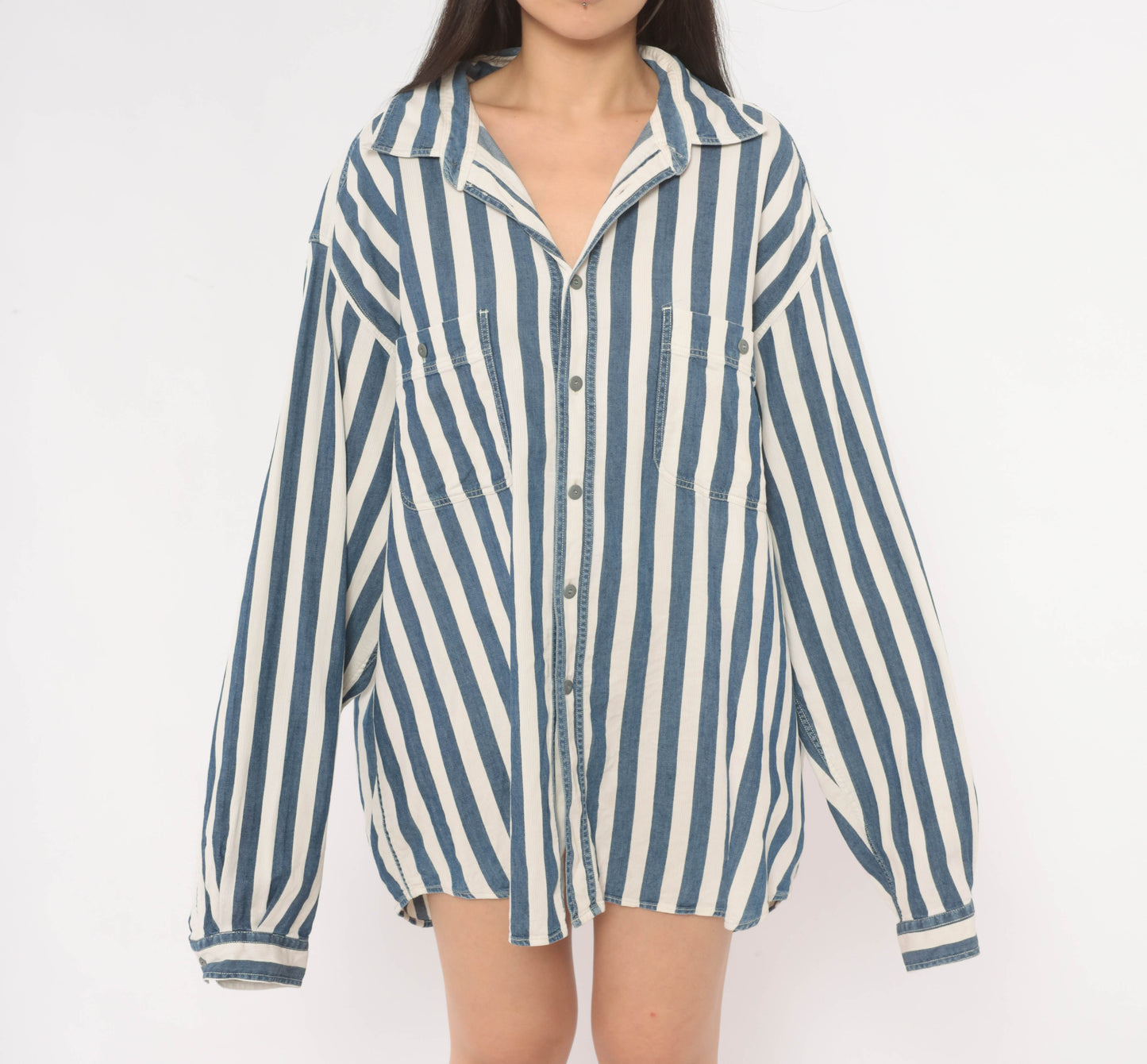 Armani Striped Denim Shirt 90s Navy White Cotton Button Front Relaxed Fit Stripe Long Sleeve Unisex Workwear Vintage Extra Extra Large XXL