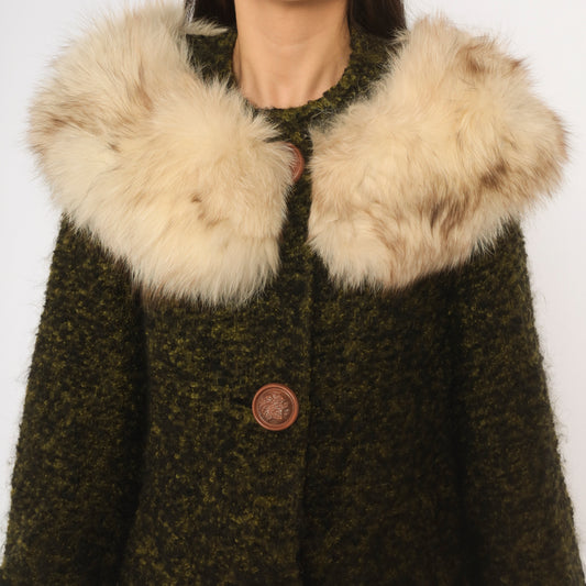 60s Green Wool Coat Boucle Fur Collar Olive Black Long Button Front Winter Overcoat Pockets Textured Mod Dark Academia Mob Wife Grandpacore Vintage Womens Medium M