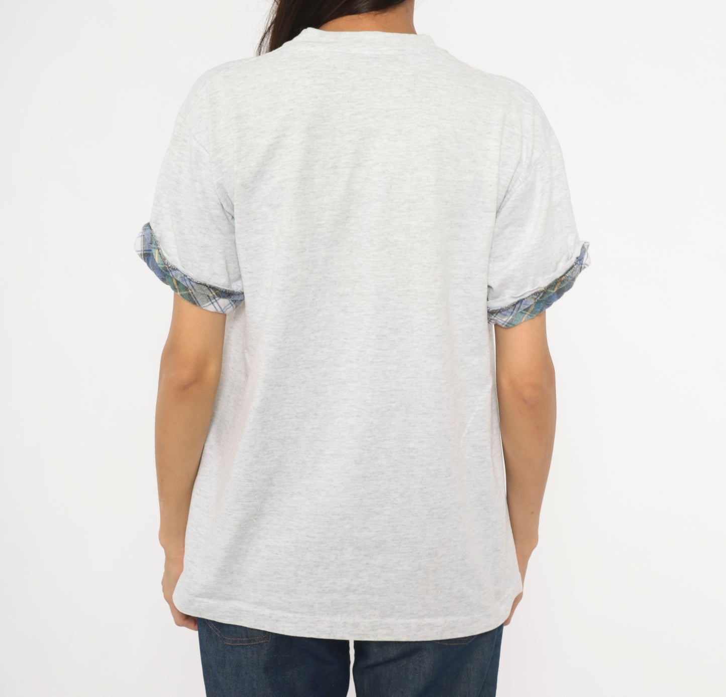 90s LBI Embroidered Tee Plaid Cuff Sleeve Grey Heather Cotton Collegiate Preppy Beach Town Souvenir Campus Wear Top Shirt Vintage Medium M