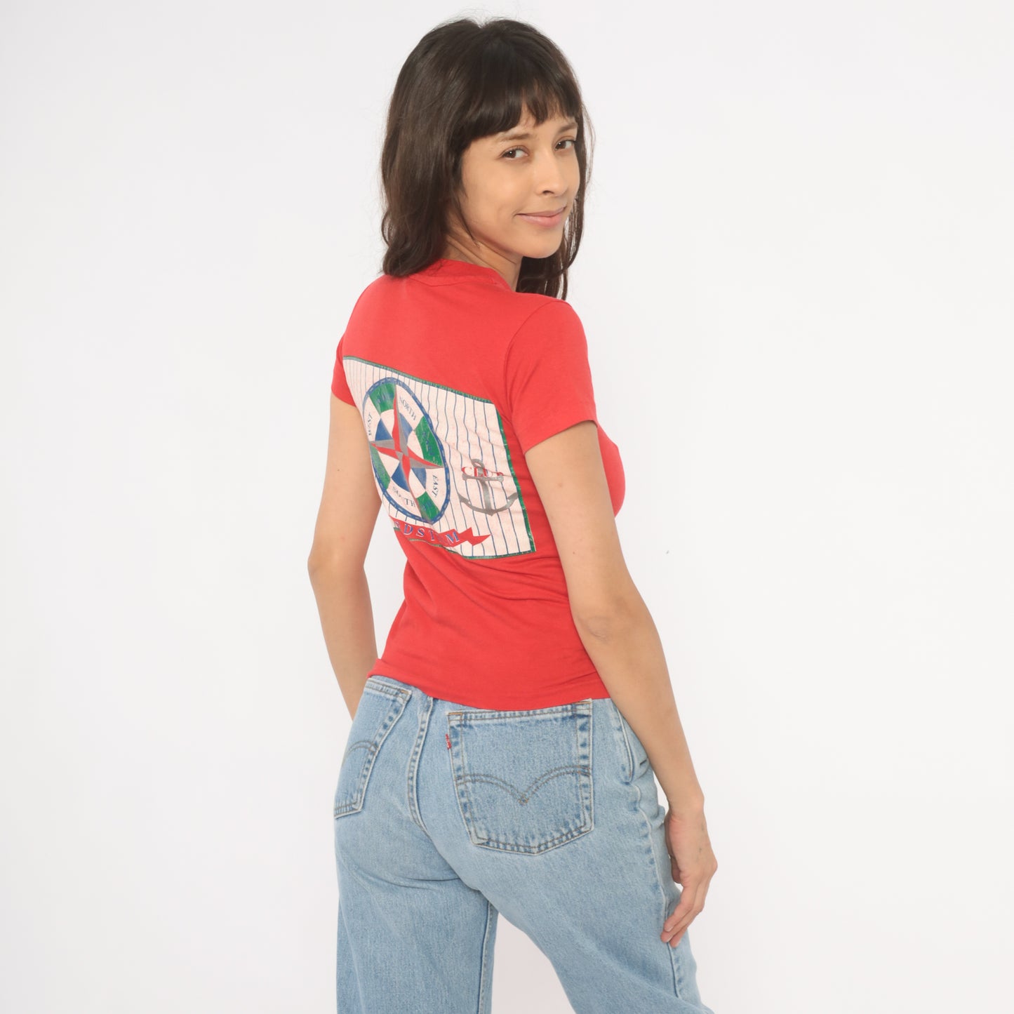 Nordstrom Yacht Club Tee 90s Nautical Anchor Compass Rose Print Red Baby Top Sailing Graphic Cotton Shirt Preppy Collegiate Vintage Small S
