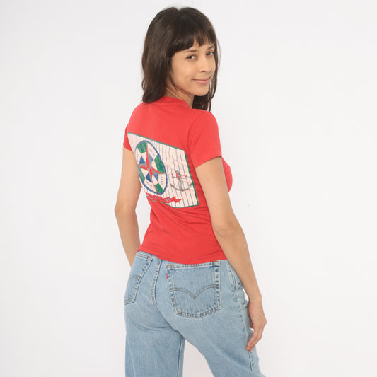 Nordstrom Yacht Club Tee 90s Nautical Anchor Compass Rose Print Red Baby Top Sailing Graphic Cotton Shirt Preppy Collegiate Vintage Small S