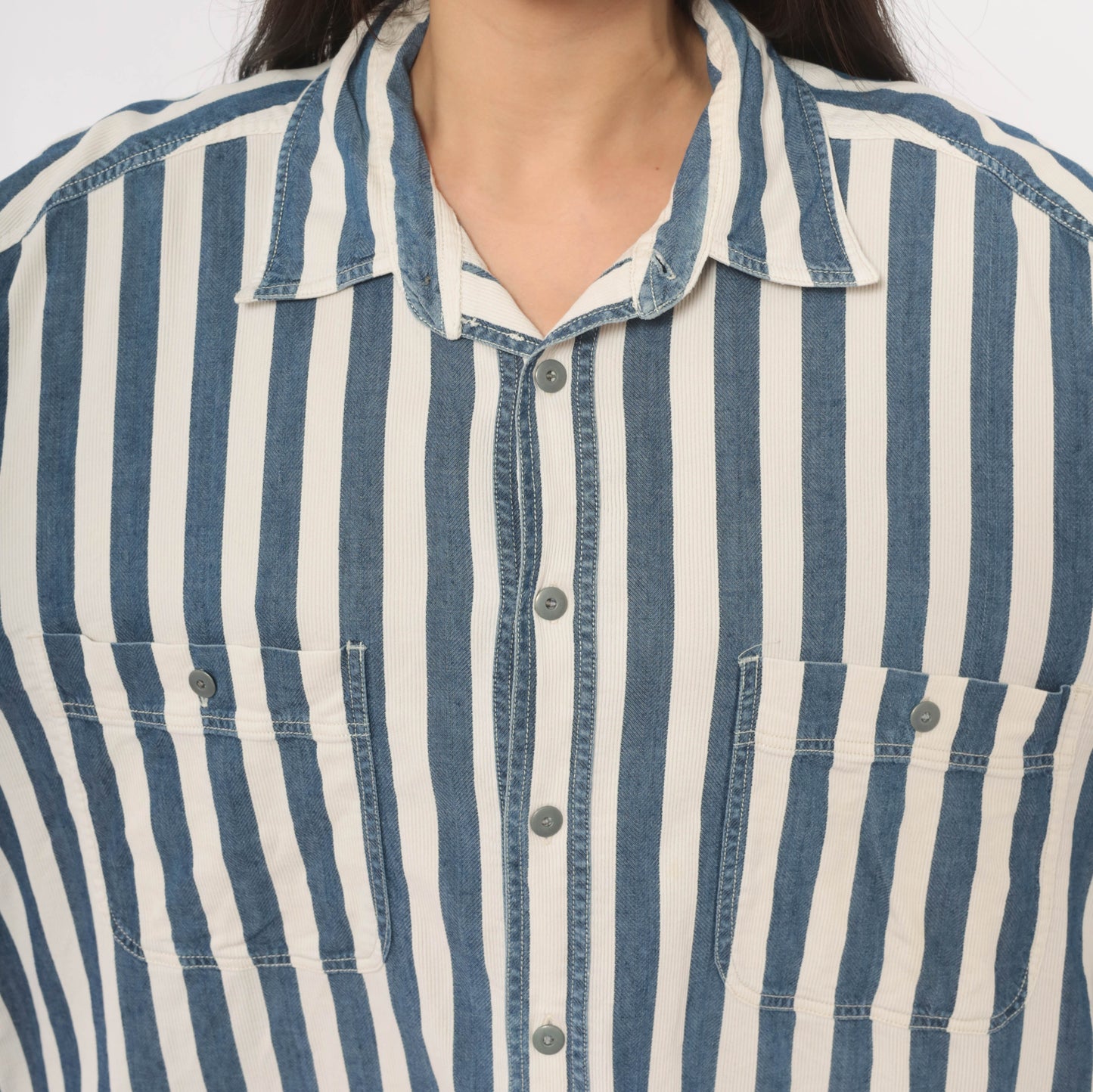 Armani Striped Denim Shirt 90s Navy White Cotton Button Front Relaxed Fit Stripe Long Sleeve Unisex Workwear Vintage Extra Extra Large XXL