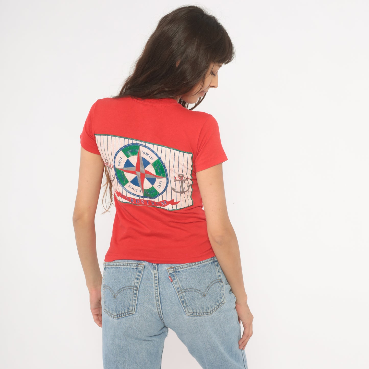 Nordstrom Yacht Club Tee 90s Nautical Anchor Compass Rose Print Red Baby Top Sailing Graphic Cotton Shirt Preppy Collegiate Vintage Small S