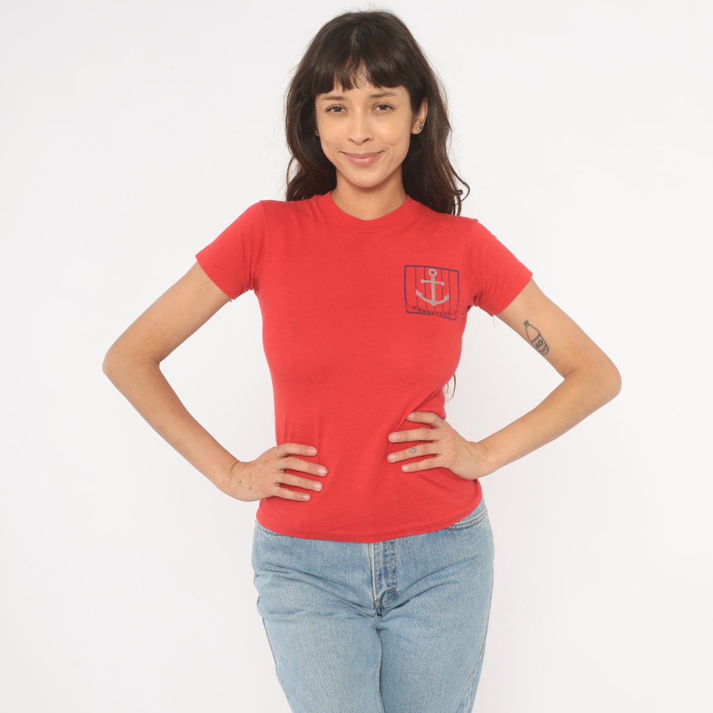 Nordstrom Yacht Club Tee 90s Nautical Anchor Compass Rose Print Red Baby Top Sailing Graphic Cotton Shirt Preppy Collegiate Vintage Small S