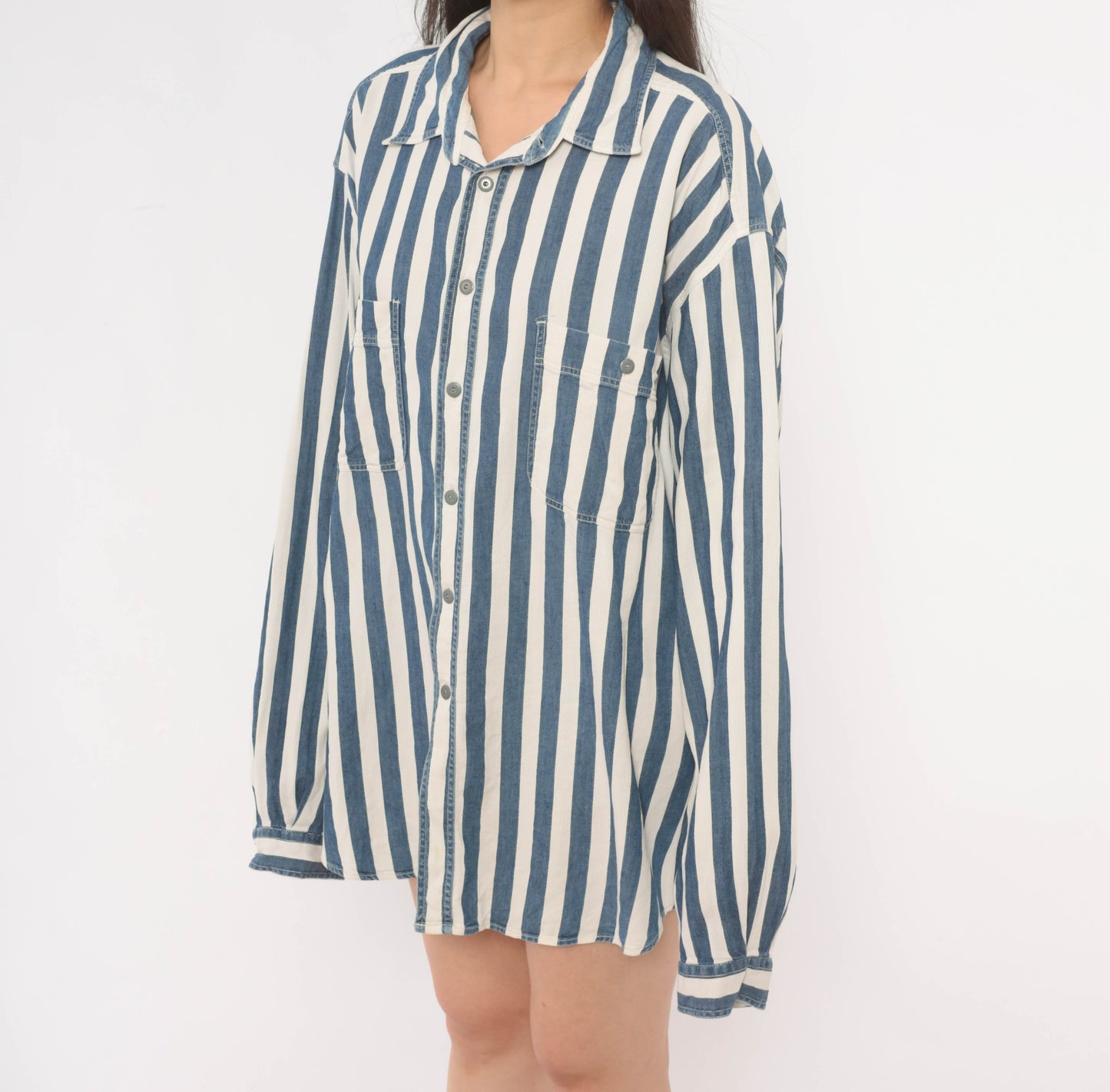 Armani Striped Denim Shirt 90s Navy White Cotton Button Front Relaxed Fit Stripe Long Sleeve Unisex Workwear Vintage Extra Extra Large XXL