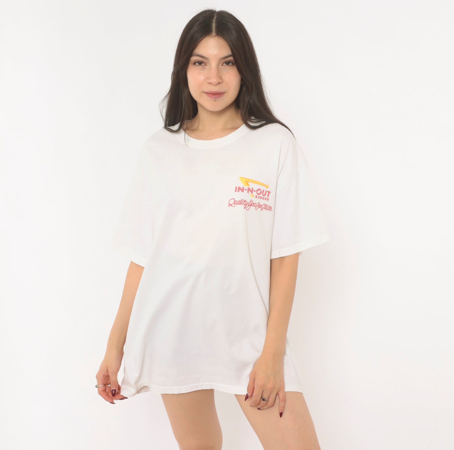 In N Out Burger Tee 90s Graphic Restaurant White Cotton Boxy Short Sleeve Palm Tree Classic Car California Streetwear Vintage Shirt Large L