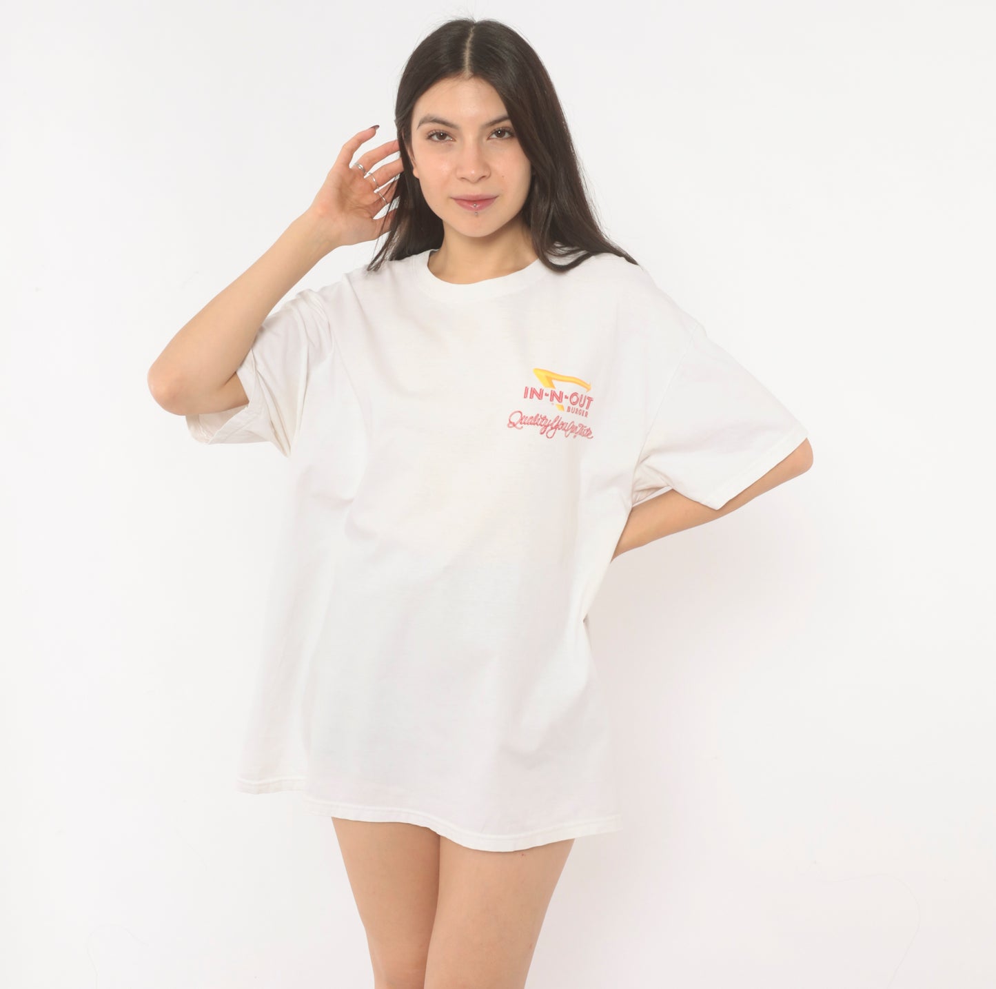 In N Out Burger Tee 90s Graphic Restaurant White Cotton Boxy Short Sleeve Palm Tree Classic Car California Streetwear Vintage Shirt Large L