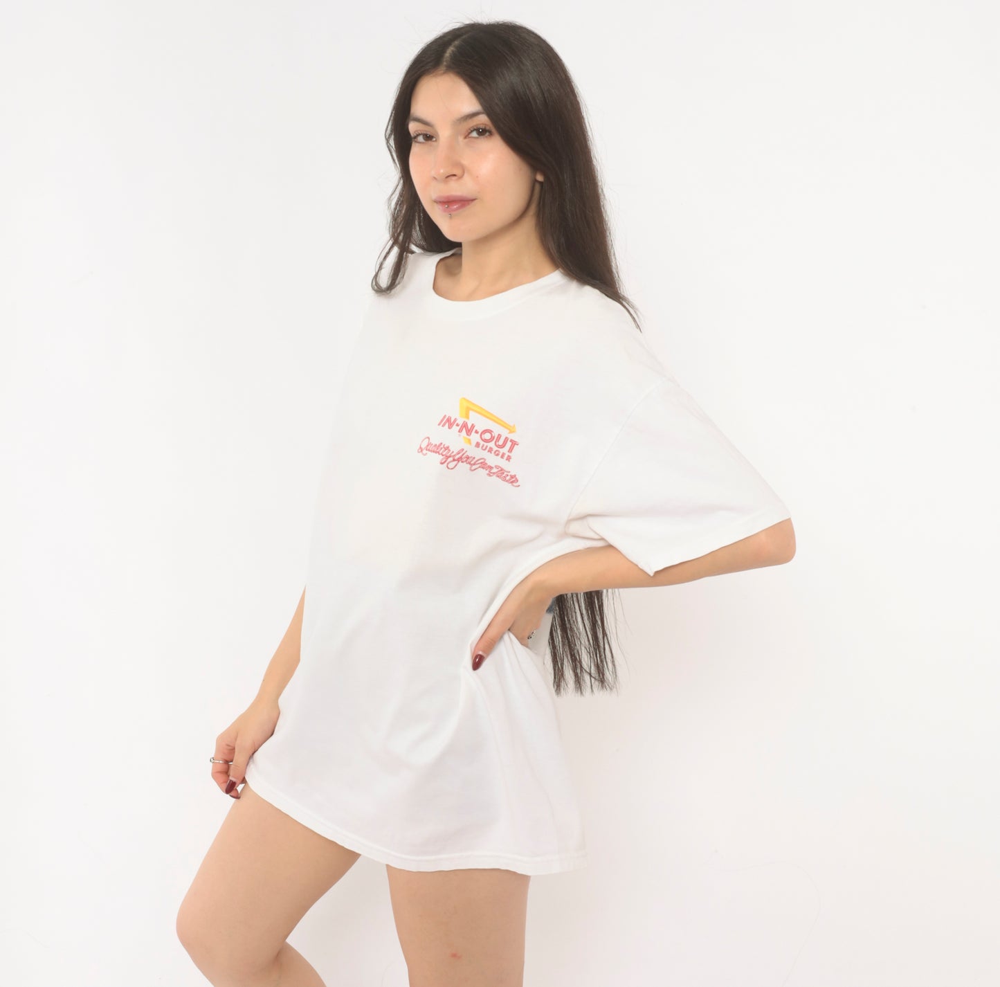 In N Out Burger Tee 90s Graphic Restaurant White Cotton Boxy Short Sleeve Palm Tree Classic Car California Streetwear Vintage Shirt Large L