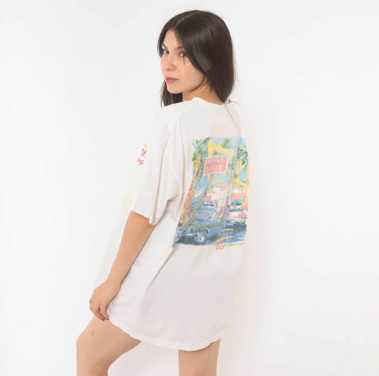 In N Out Burger Tee 90s Graphic Restaurant White Cotton Boxy Short Sleeve Palm Tree Classic Car California Streetwear Vintage Shirt Large L