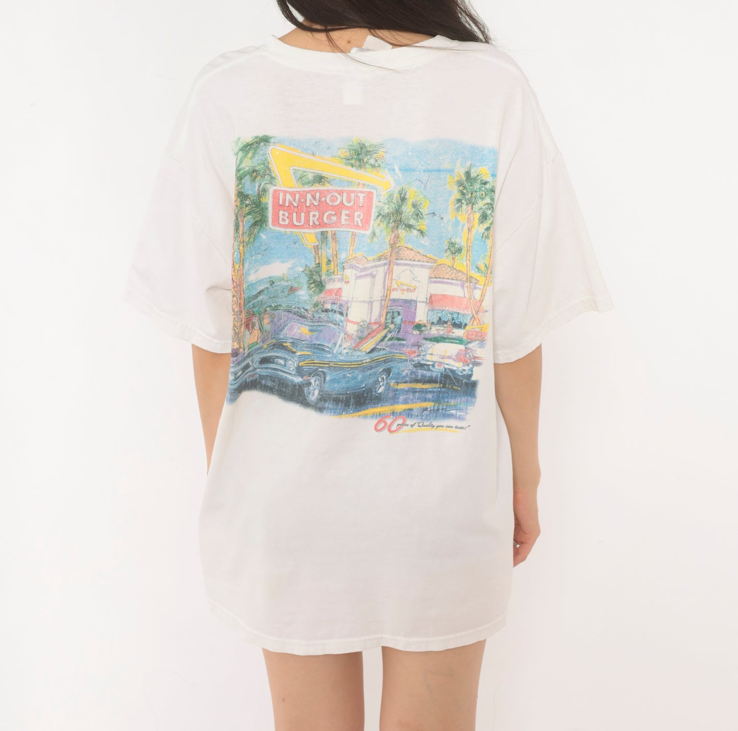 In N Out Burger Tee 90s Graphic Restaurant White Cotton Boxy Short Sleeve Palm Tree Classic Car California Streetwear Vintage Shirt Large L