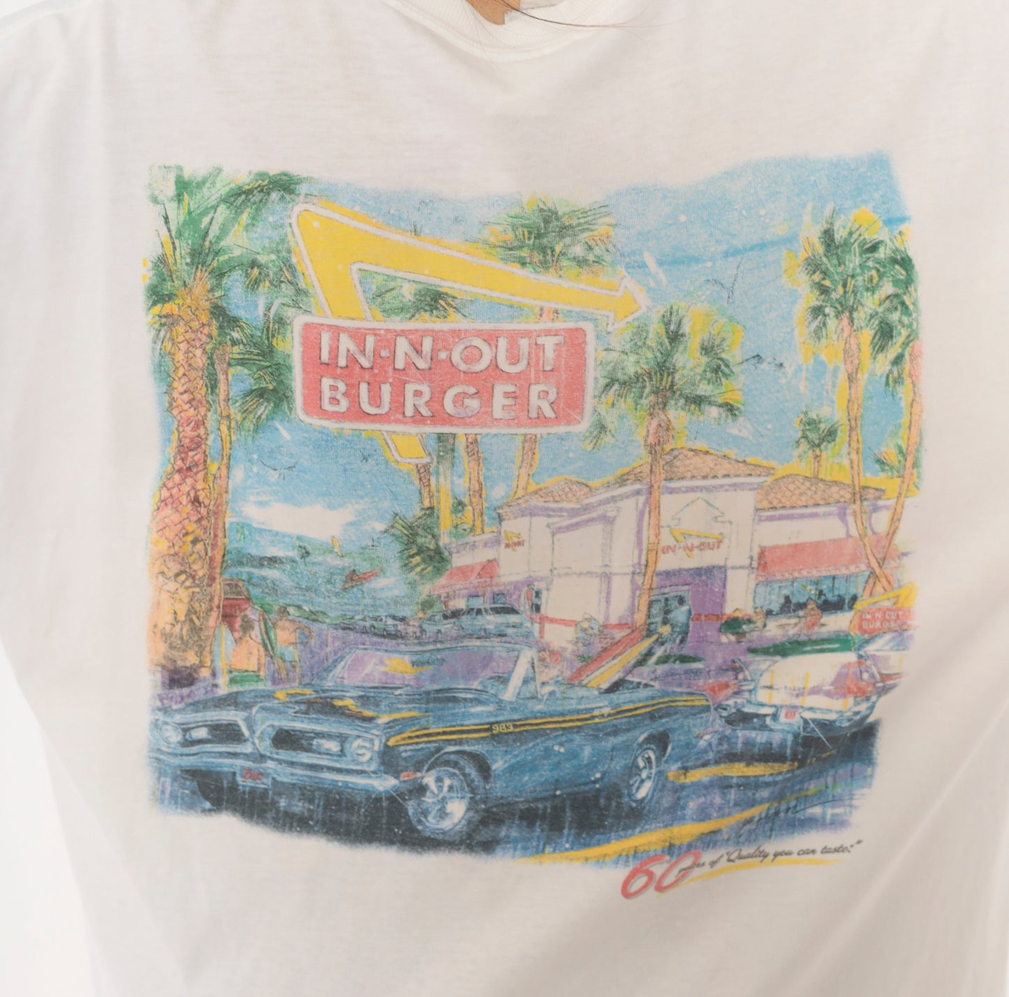 In N Out Burger Tee 90s Graphic Restaurant White Cotton Boxy Short Sleeve Palm Tree Classic Car California Streetwear Vintage Shirt Large L
