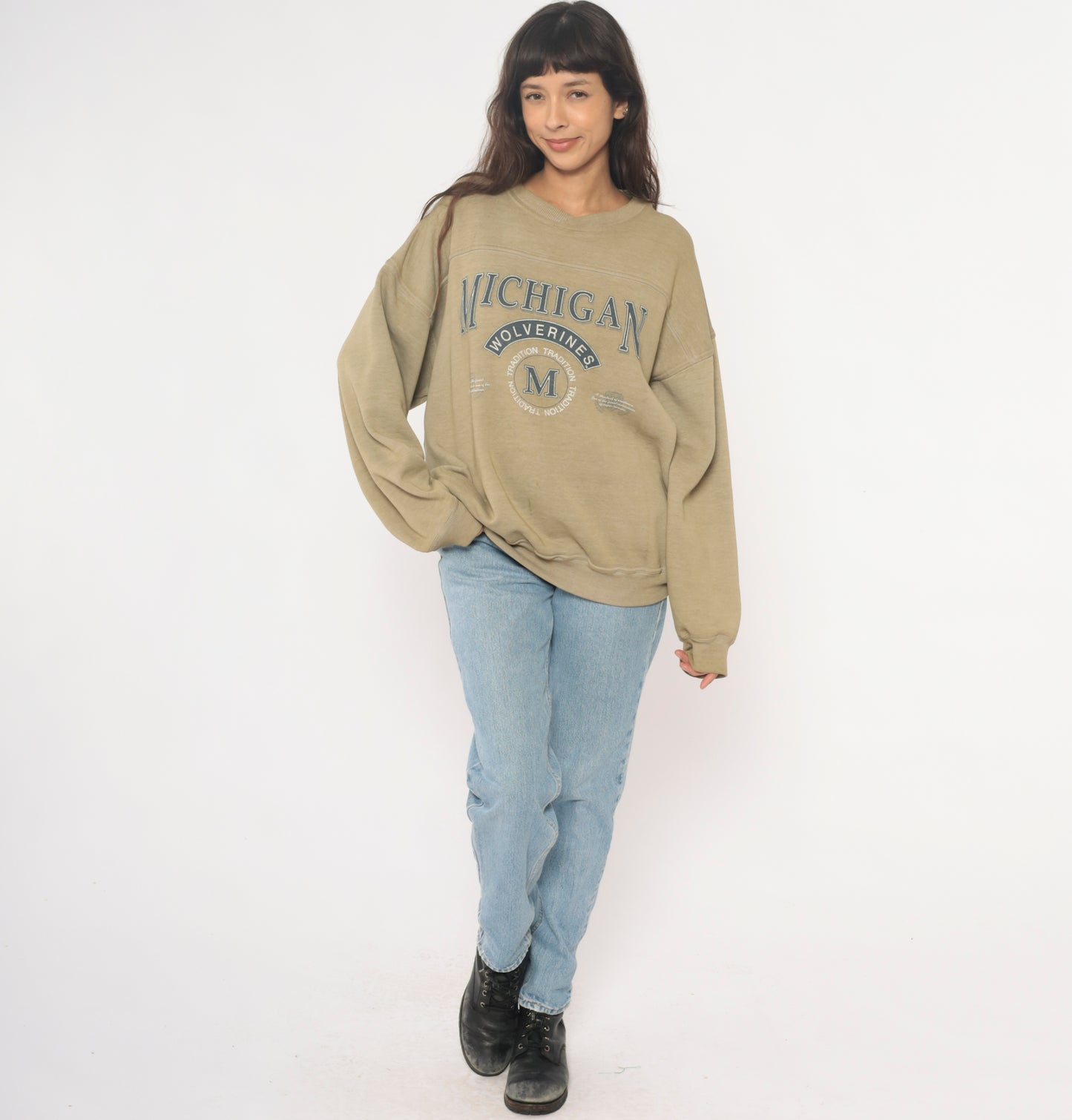 Michigan Wolverines Sweatshirt 90s College University Athletic Crewneck Beige Tan Sand Faded Graphic Cotton Vintage Pullover Extra Large XL