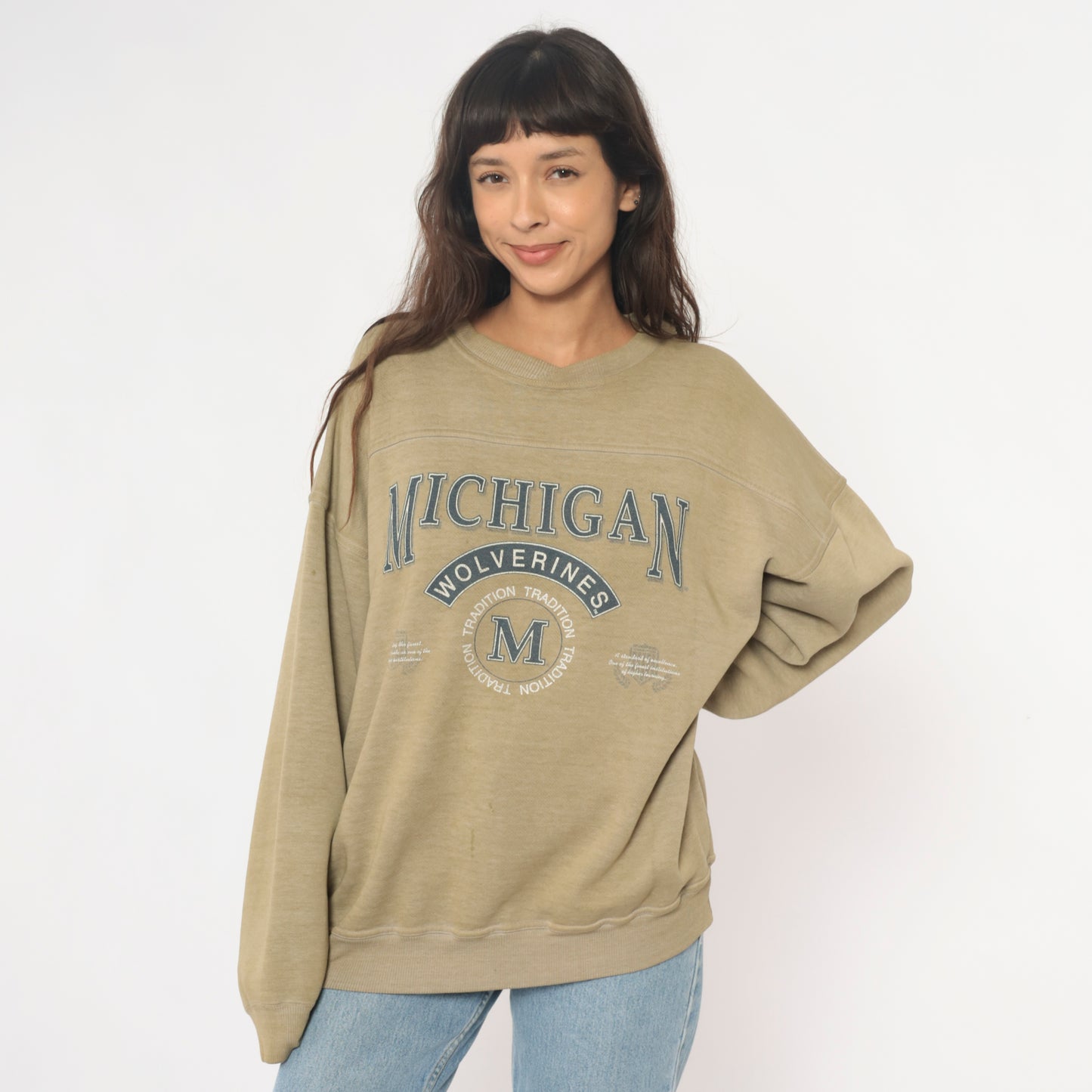 Michigan Wolverines Sweatshirt 90s College University Athletic Crewneck Beige Tan Sand Faded Graphic Cotton Vintage Pullover Extra Large XL