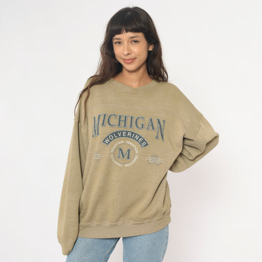 Michigan Wolverines Sweatshirt 90s College University Athletic Crewneck Beige Tan Sand Faded Graphic Cotton Vintage Pullover Extra Large XL