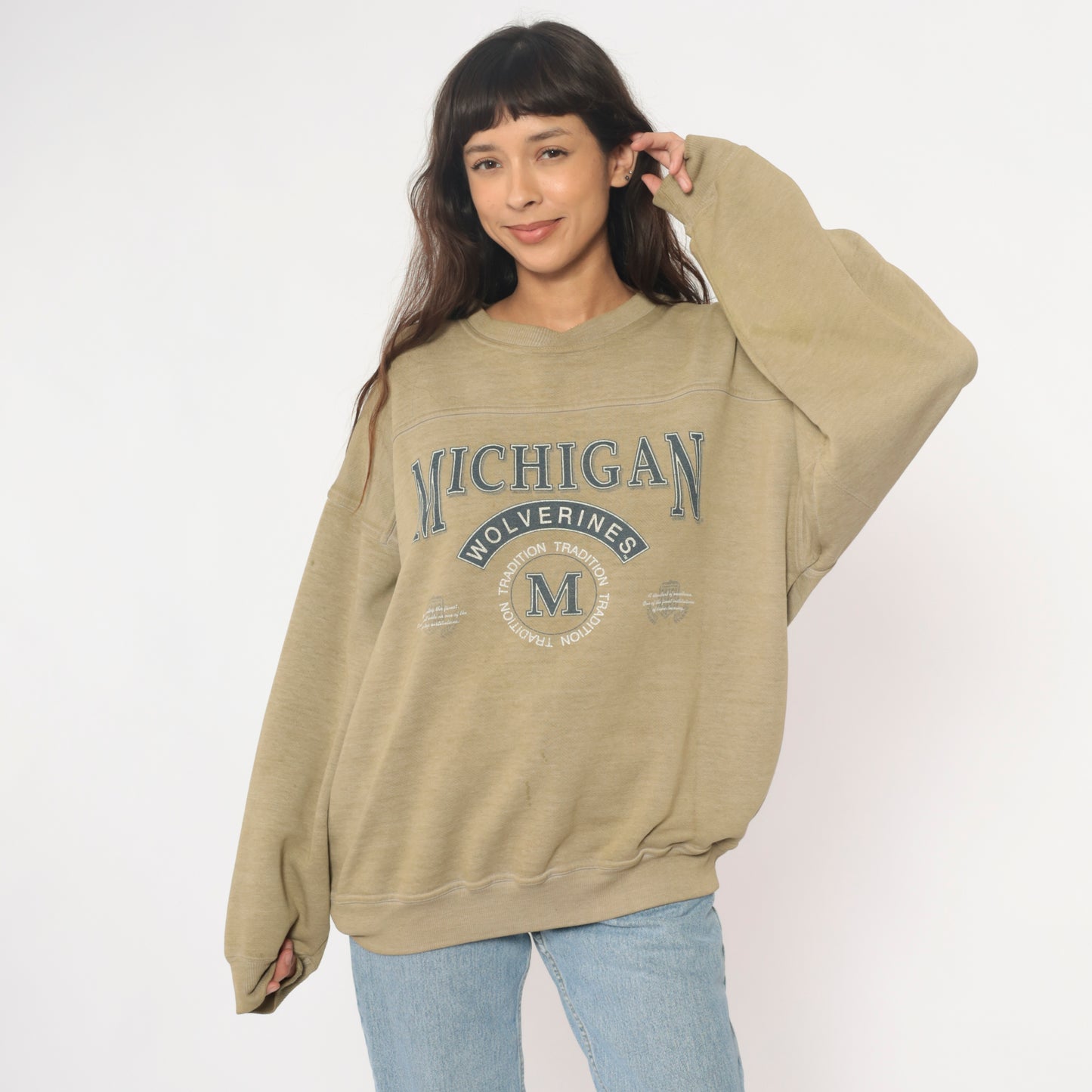 Michigan Wolverines Sweatshirt 90s College University Athletic Crewneck Beige Tan Sand Faded Graphic Cotton Vintage Pullover Extra Large XL