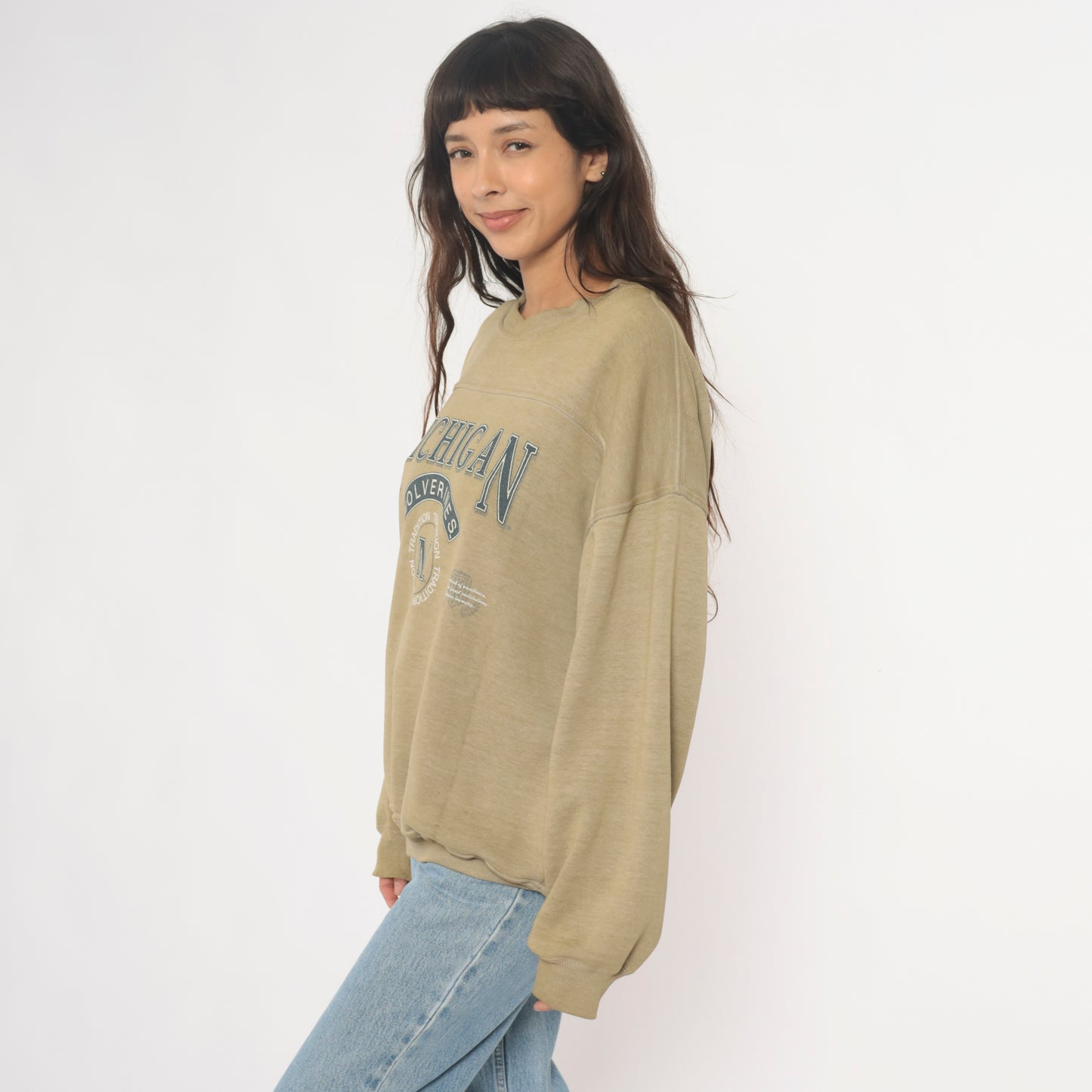 Michigan Wolverines Sweatshirt 90s College University Athletic Crewneck Beige Tan Sand Faded Graphic Cotton Vintage Pullover Extra Large XL