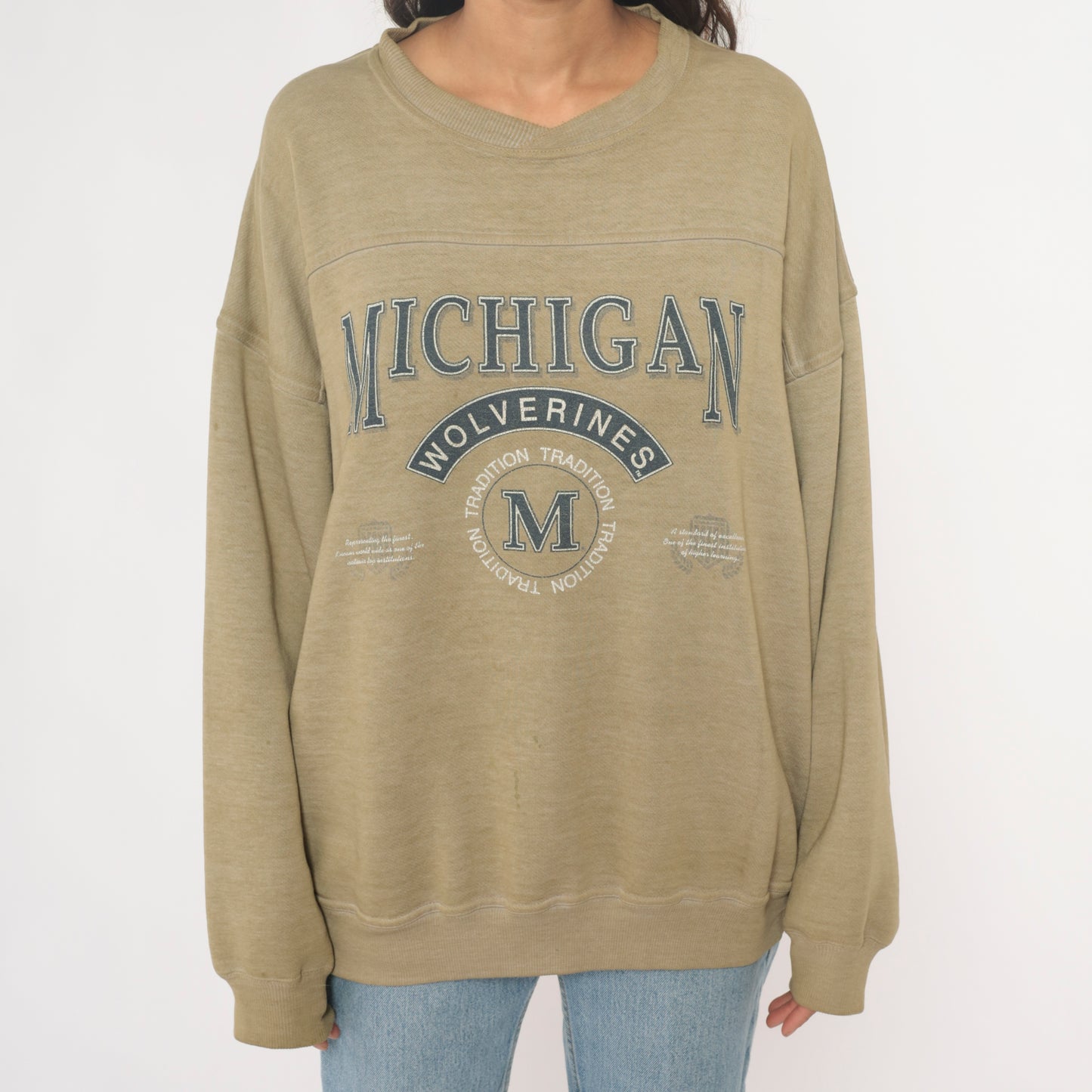 Michigan Wolverines Sweatshirt 90s College University Athletic Crewneck Beige Tan Sand Faded Graphic Cotton Vintage Pullover Extra Large XL