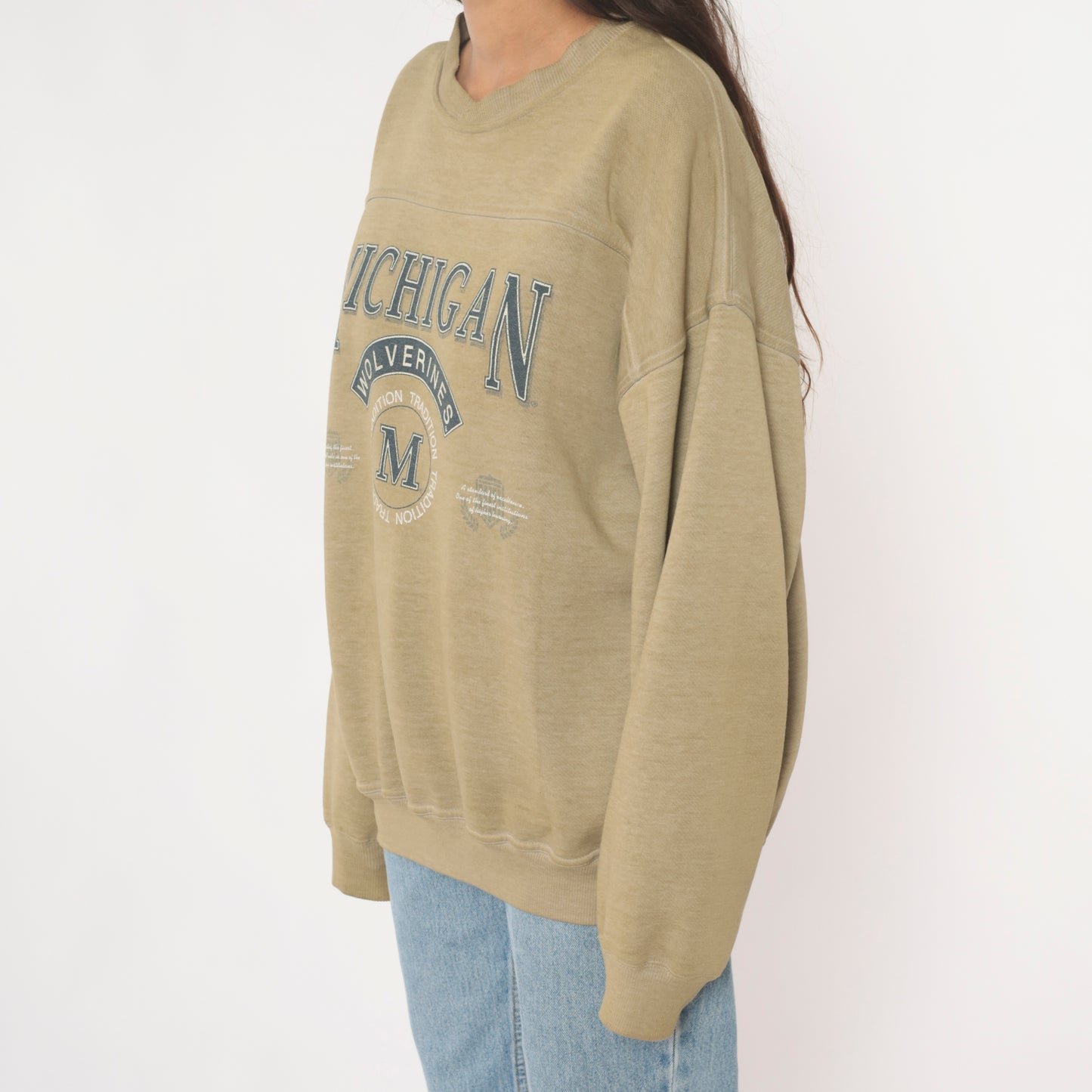 Michigan Wolverines Sweatshirt 90s College University Athletic Crewneck Beige Tan Sand Faded Graphic Cotton Vintage Pullover Extra Large XL