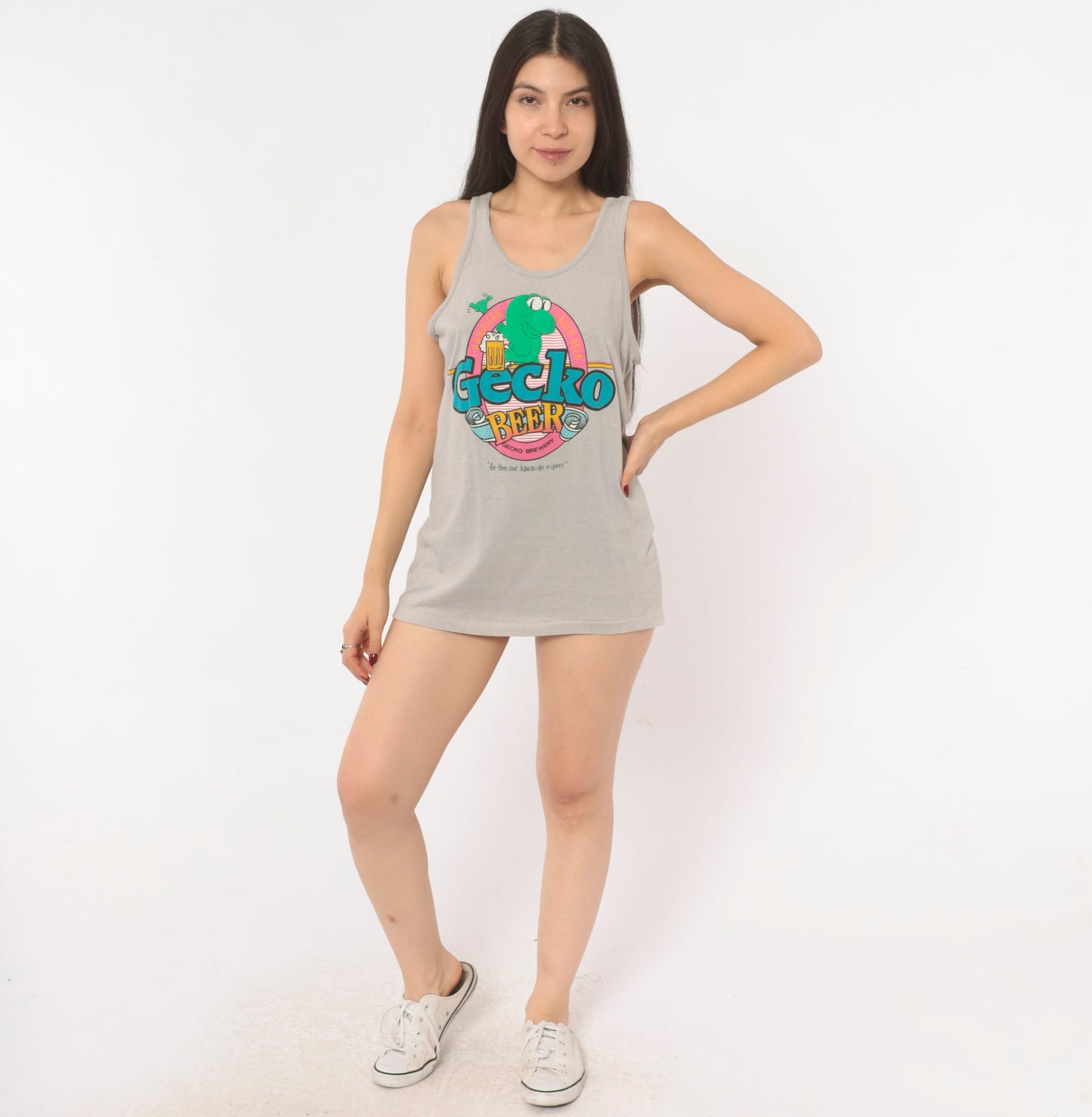 Gecko Beer Hawaiian Tank Top 80s Grey Graphic Shirt Brewery Lager Tee Surf Beach Cotton Unisex Vacation Summer Teal Pink Green Medium M