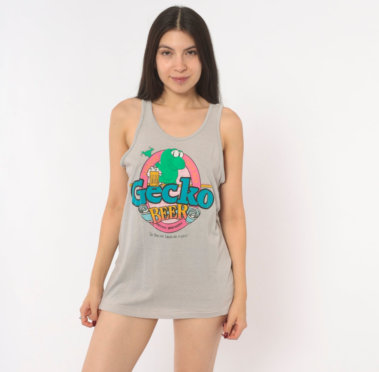 Gecko Beer Hawaiian Tank Top 80s Grey Graphic Shirt Brewery Lager Tee Surf Beach Cotton Unisex Vacation Summer Teal Pink Green Medium M