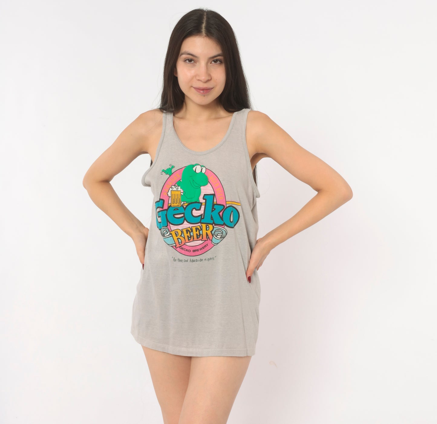 Gecko Beer Hawaiian Tank Top 80s Grey Graphic Shirt Brewery Lager Tee Surf Beach Cotton Unisex Vacation Summer Teal Pink Green Medium M