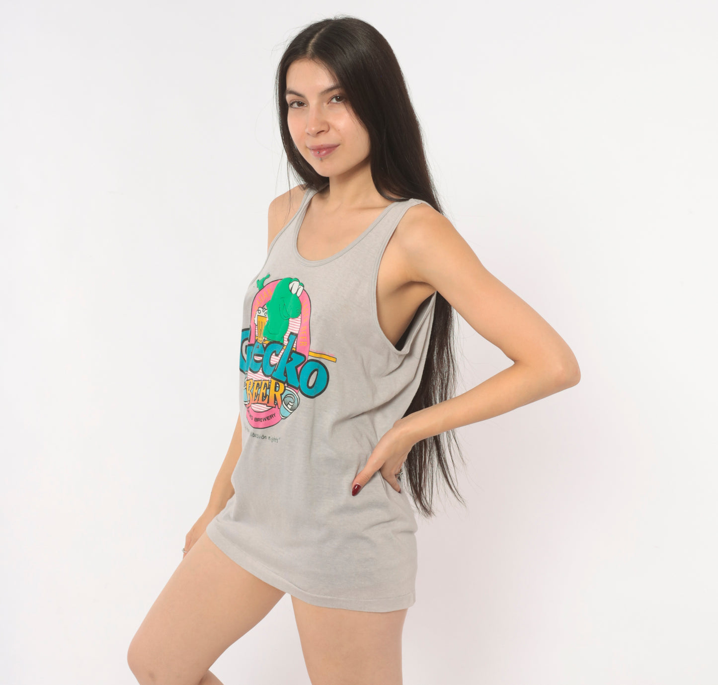 Gecko Beer Hawaiian Tank Top 80s Grey Graphic Shirt Brewery Lager Tee Surf Beach Cotton Unisex Vacation Summer Teal Pink Green Medium M