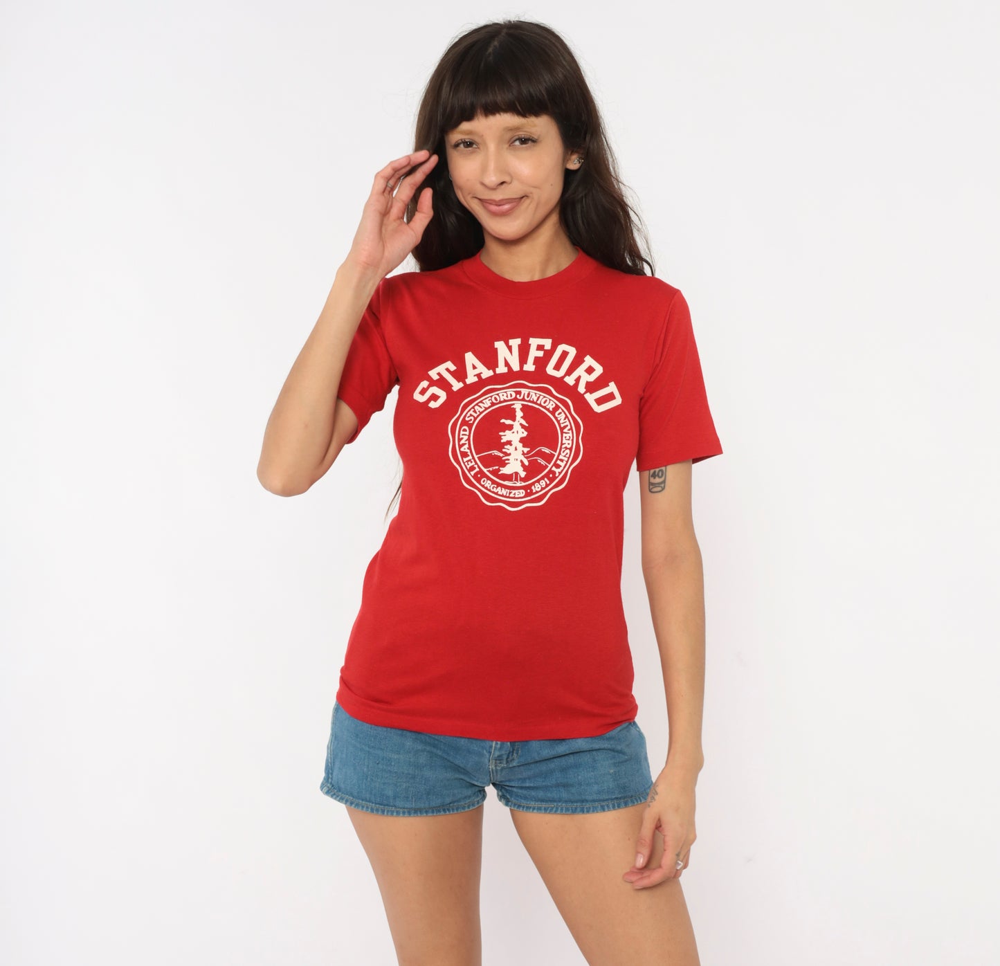 80s Stanford University Tee Red Collegiate Velva Sheen Crimson Preppy Varsity Campus College School Vintage Shirt Extra Extra Small XXS