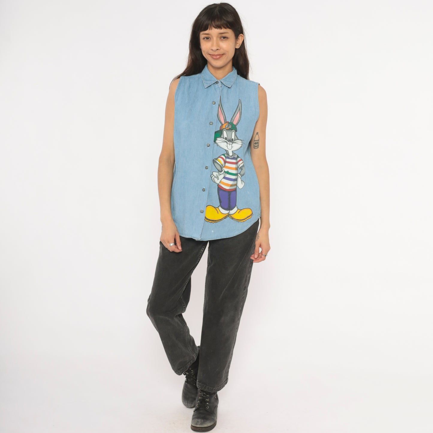 Bugs Bunny Denim Shirt 90s Looney Tunes Chambray Cartoon Top Collared Light Blue Jean Blouse Cotton Vintage Summer Spring Nostalgic Medium M