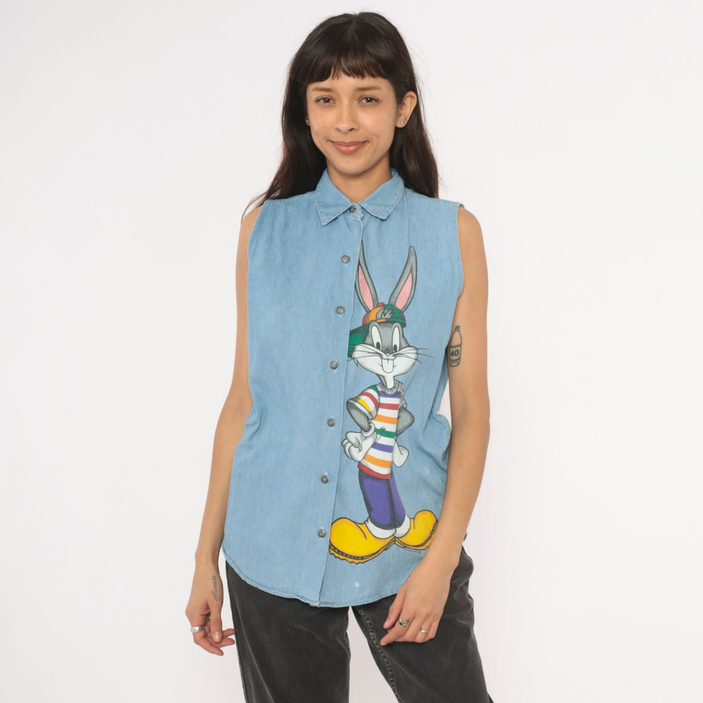 Bugs Bunny Denim Shirt 90s Looney Tunes Chambray Cartoon Top Collared Light Blue Jean Blouse Cotton Vintage Summer Spring Nostalgic Medium M