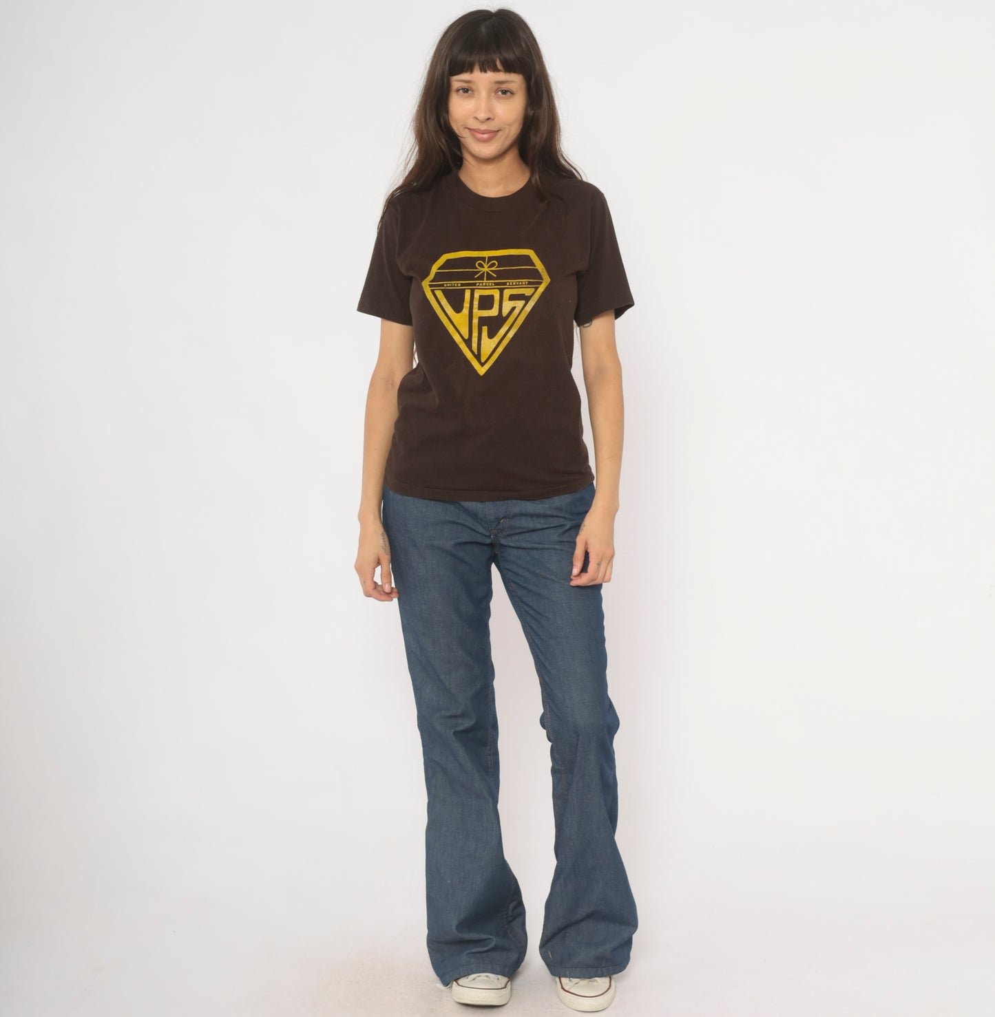 United Parcel Servant Superman Parody Tee 80s Novelty Graphic Diamond Logo Gold Brown Cotton Humor Funny Joke Chocolate Vintage Top Small S