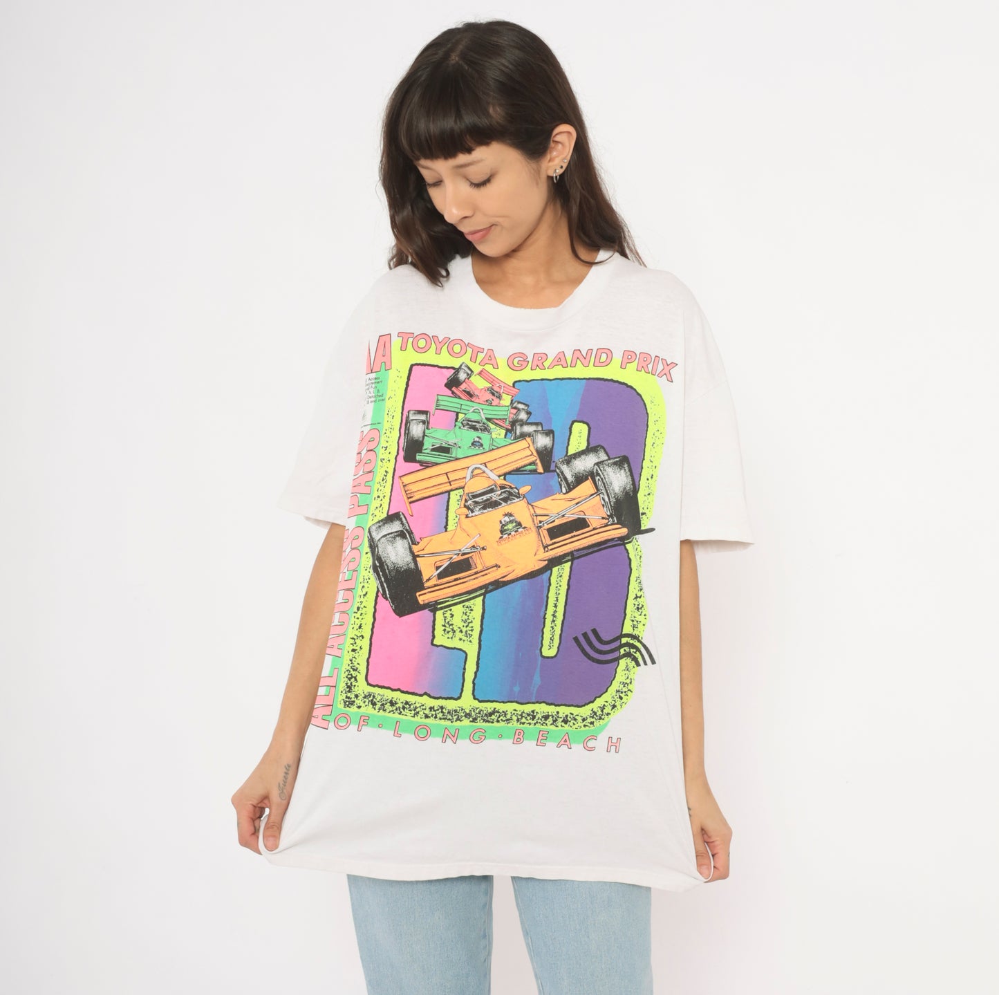 Neon Racing Tee 90s Toyota Grand Prix Long Beach Indy Car Cotton White Motorsport All Access Pass CART Formula Streetwear Extra Large XL