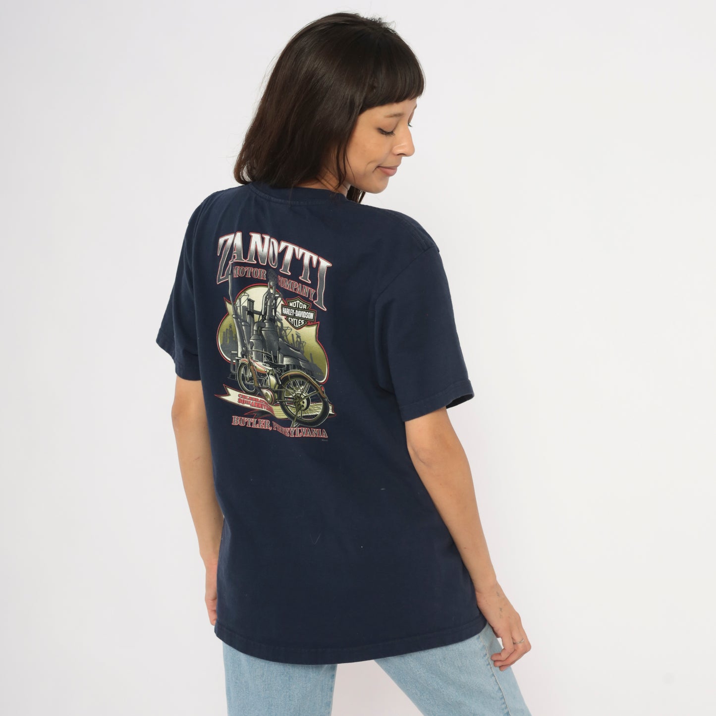 Harley Davidson Pocket Tee 2000s Navy Blue Motorcycle Biker Crew Neck Cotton Short Sleeve Zanotti Butler Pennsylvania Vintage Shirt Large L