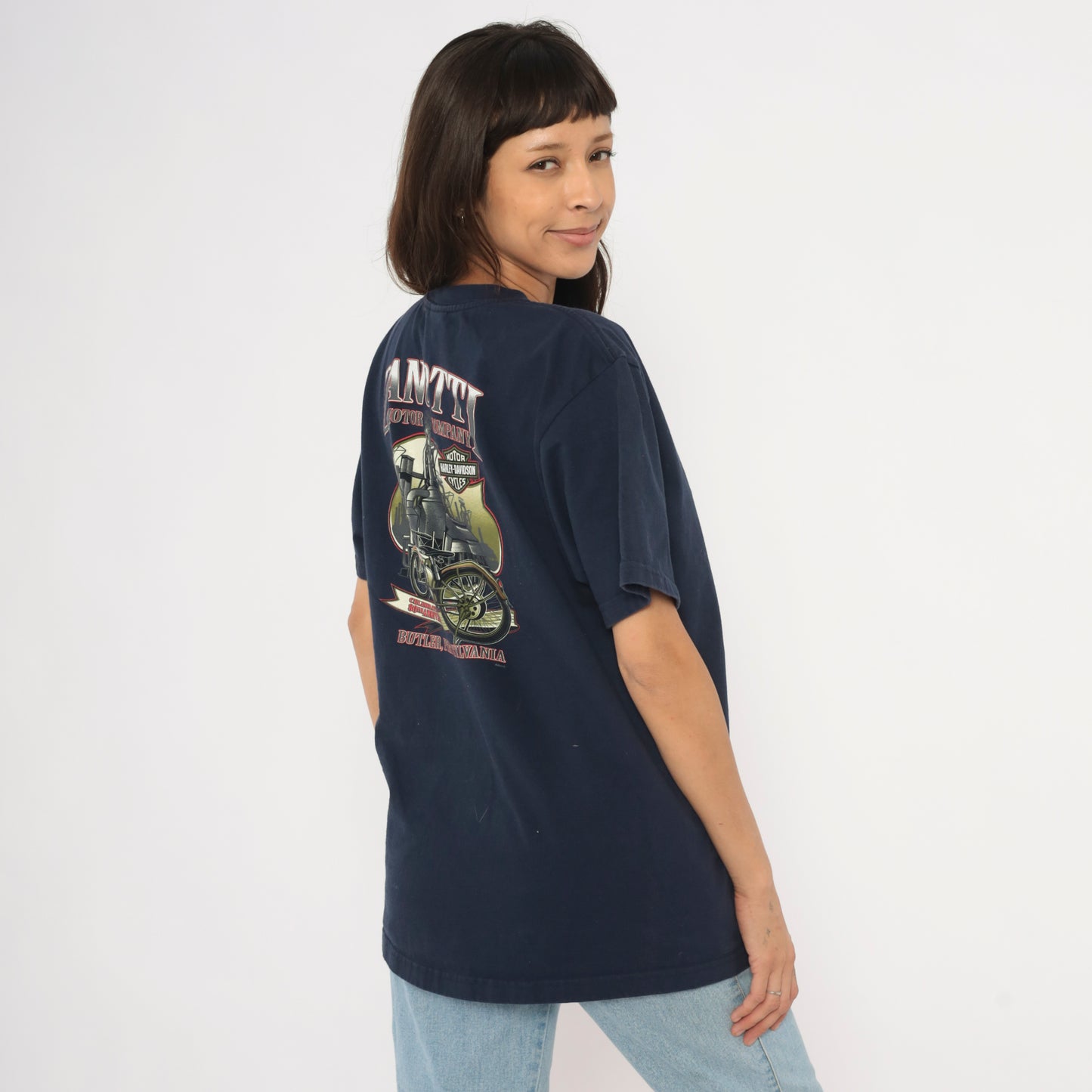 Harley Davidson Pocket Tee 2000s Navy Blue Motorcycle Biker Crew Neck Cotton Short Sleeve Zanotti Butler Pennsylvania Vintage Shirt Large L