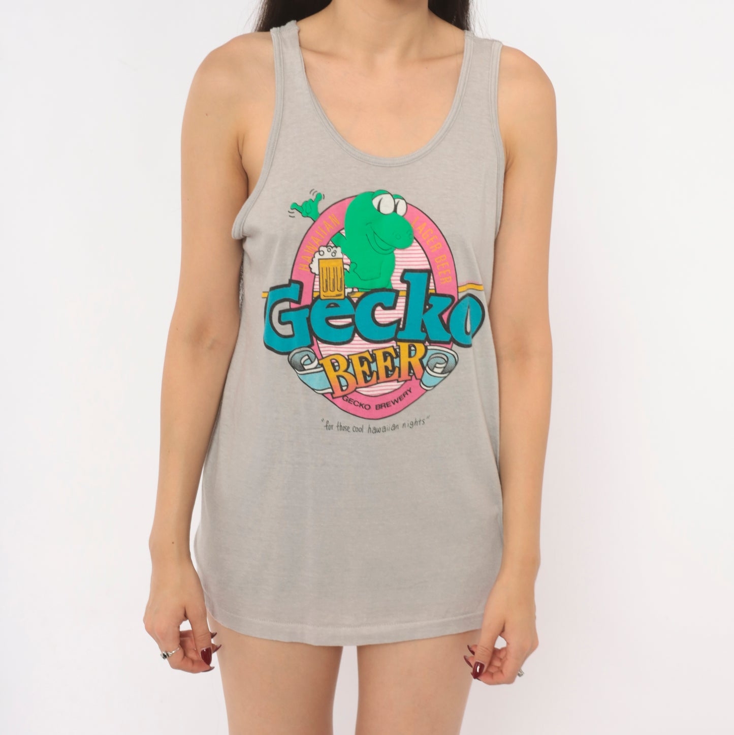 Gecko Beer Hawaiian Tank Top 80s Grey Graphic Shirt Brewery Lager Tee Surf Beach Cotton Unisex Vacation Summer Teal Pink Green Medium M