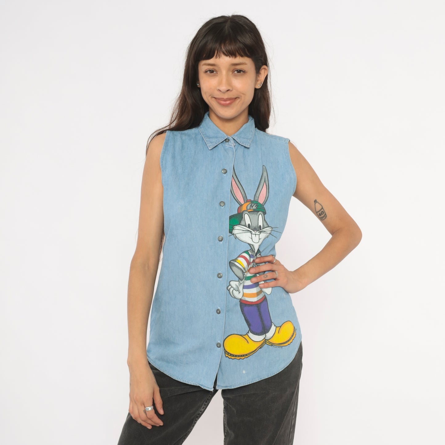 Bugs Bunny Denim Shirt 90s Looney Tunes Chambray Cartoon Top Collared Light Blue Jean Blouse Cotton Vintage Summer Spring Nostalgic Medium M